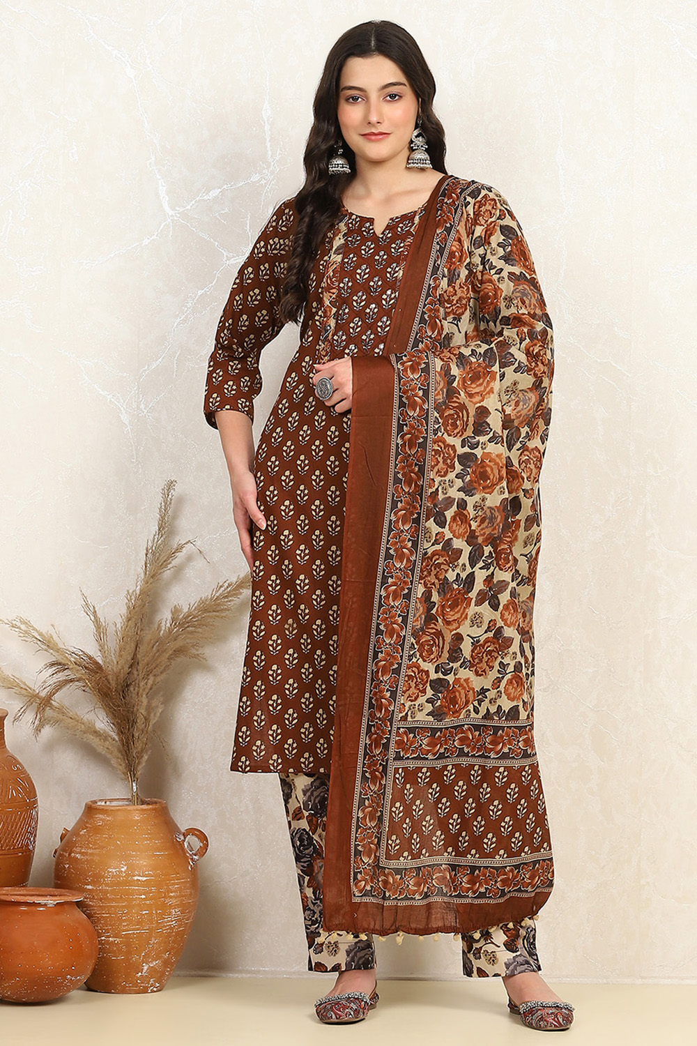 Rust Cotton Unstitched Suit Set image number 7