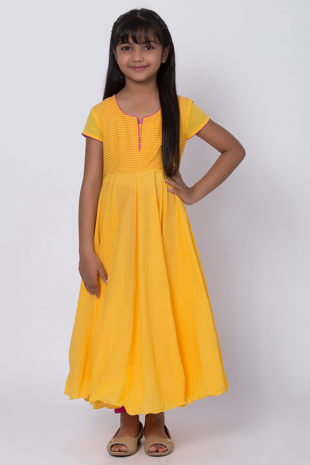 Yellow Cotton Anarkali Kurta Churidar Suit Set image number 2