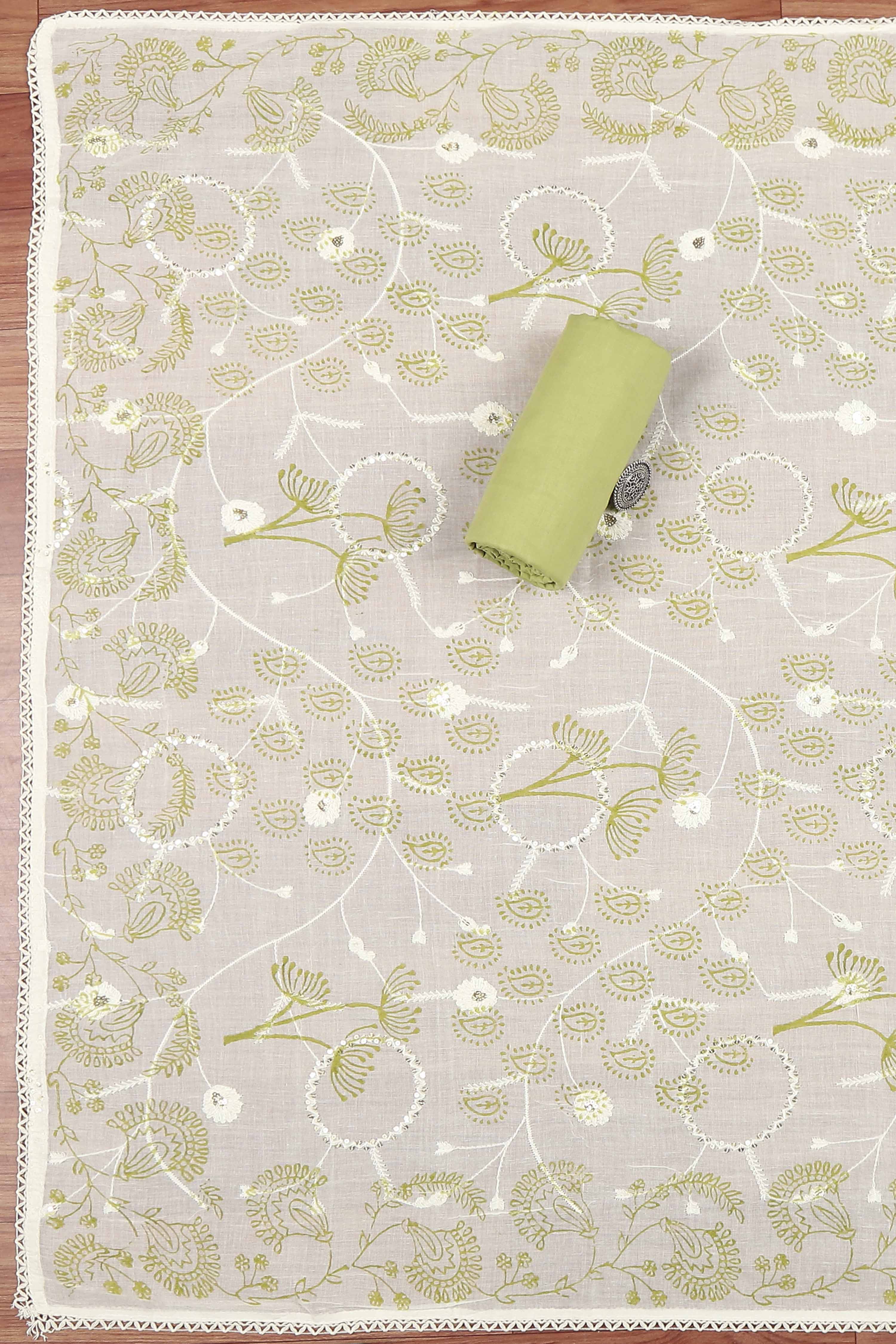 Light Green Cotton Printed Embroidered Unstitched Suit Set image number 3