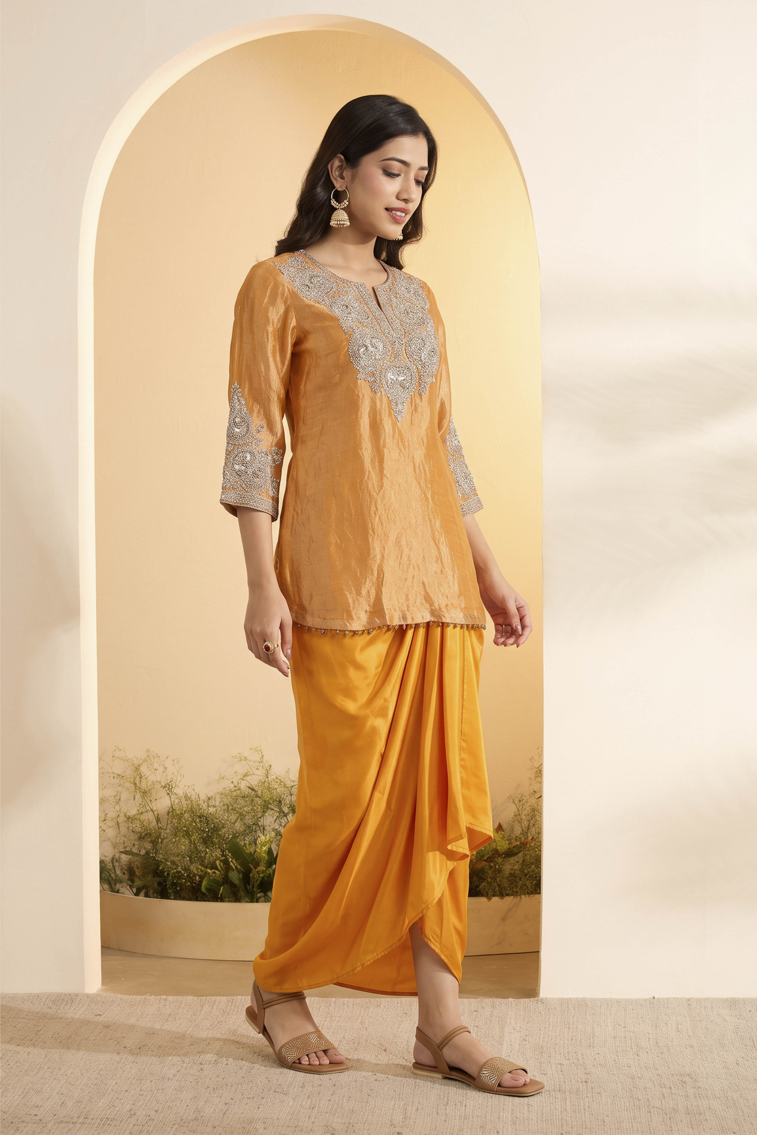 Orange Silk Tissue Embroidered Kurta with Drape Skirt image number 3