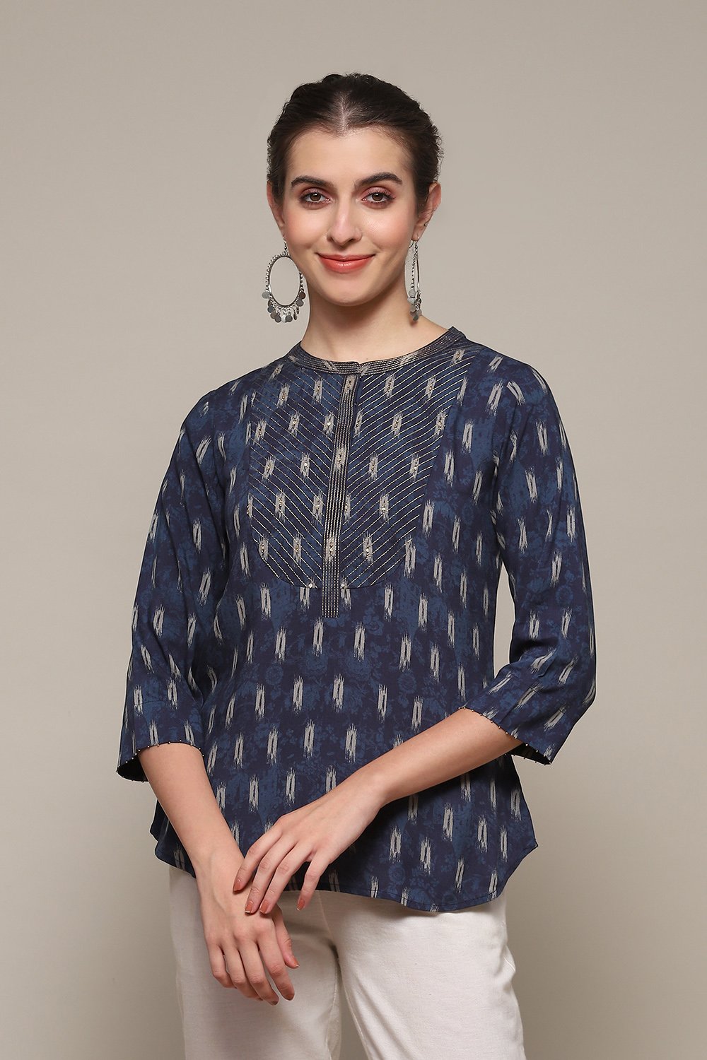 Navy LIVA Straight Printed Kurti image number 5