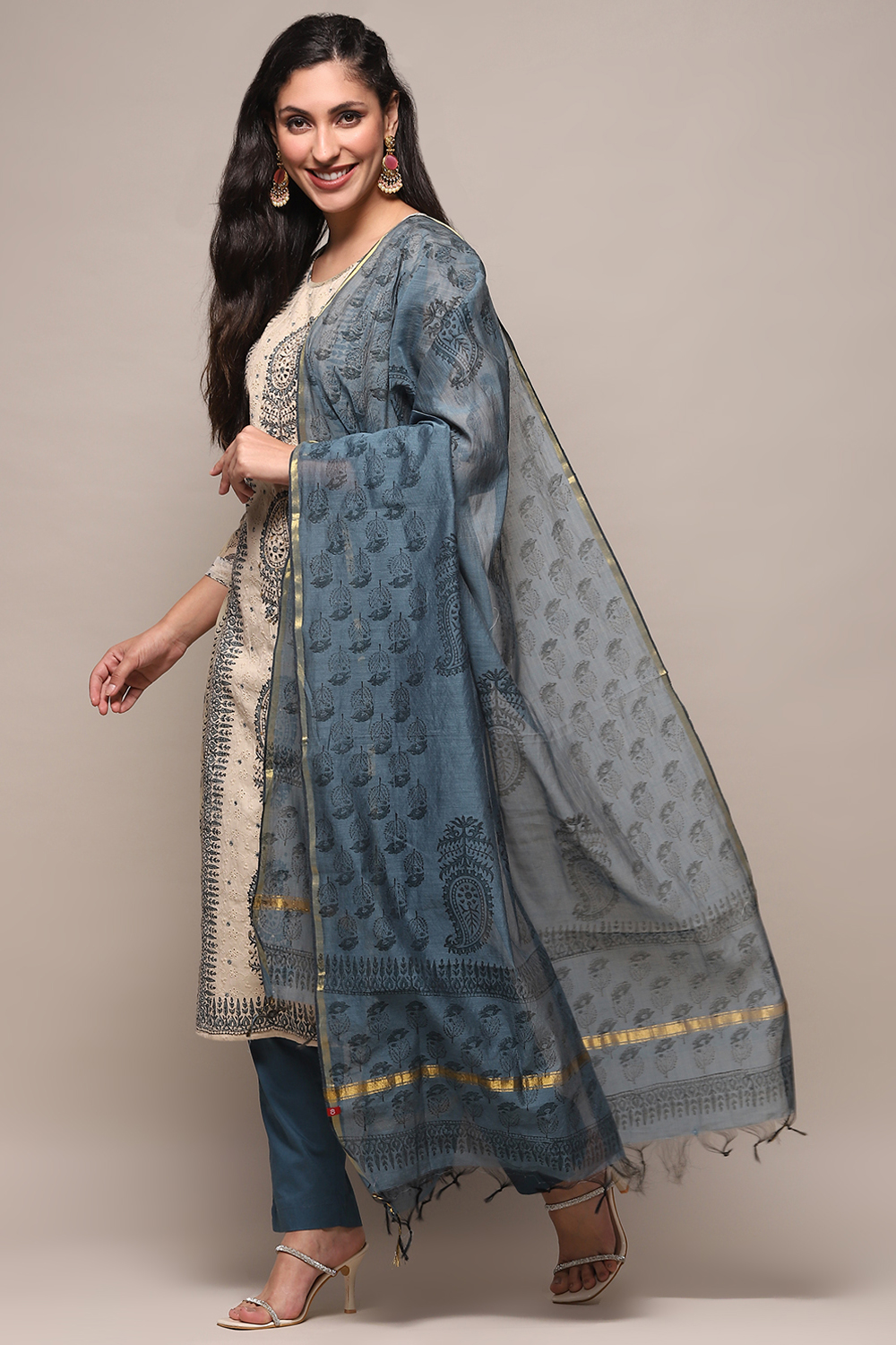 Navy Blue Chanderi Unstitched Suit set image number 1