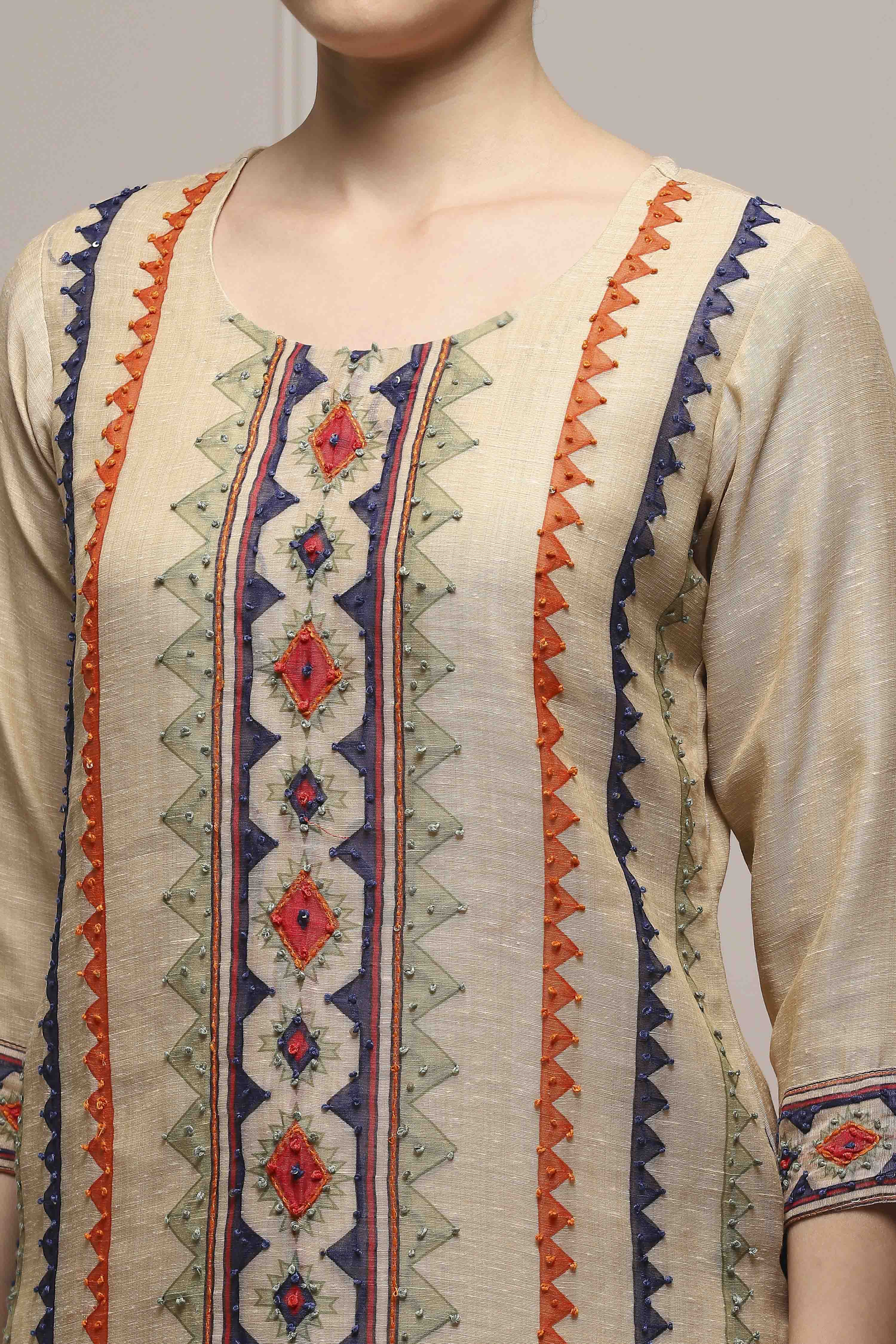 Beige Linen Blend Hand Painted Unstitched Suit Set image number 2