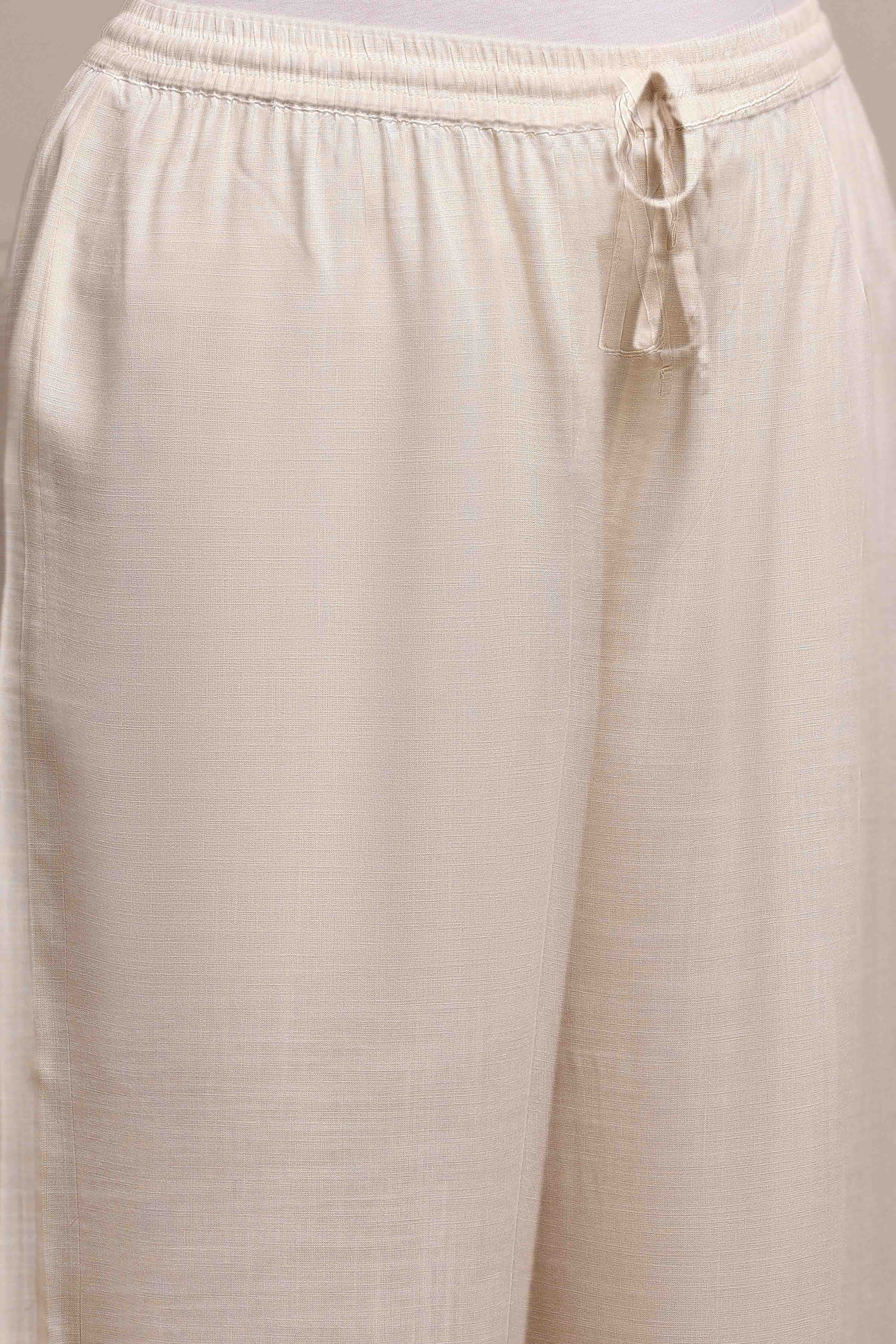 Beige Cotton Linen Yarn-Dyed Embroidered Straight Suit Set image number 2