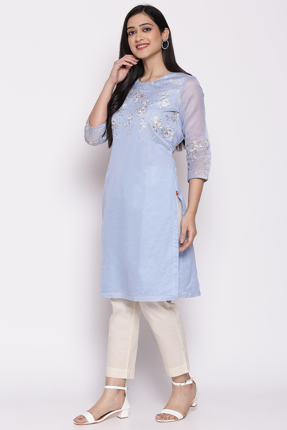 Blue Poly Cotton Printed Kurti image number 2