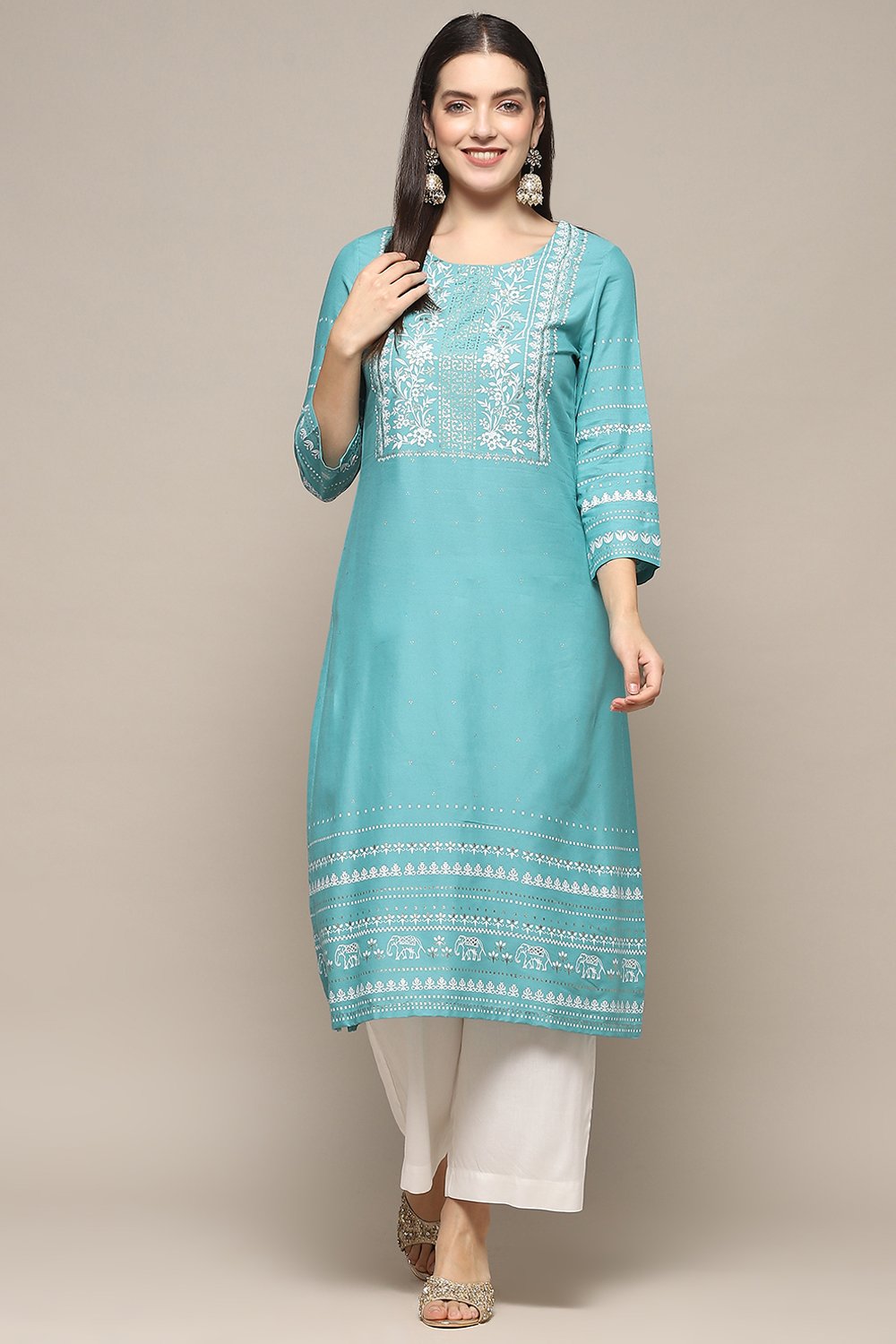 Turquoise Rayon flax Relaxed Kurta Palazzo Suit Set image number 6