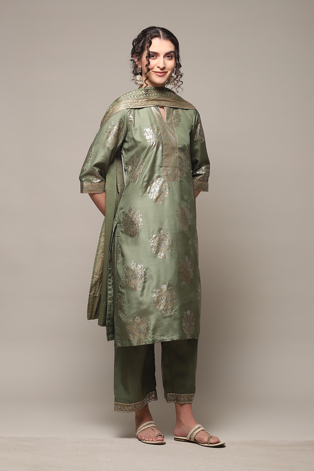 Sap Green Art Silk Straight Kurta Palazzo Suit Set image number 6