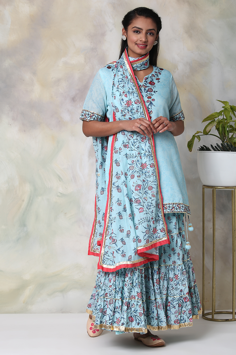 Turquoise Art Silk Kurta Garara Suit Set image number 6