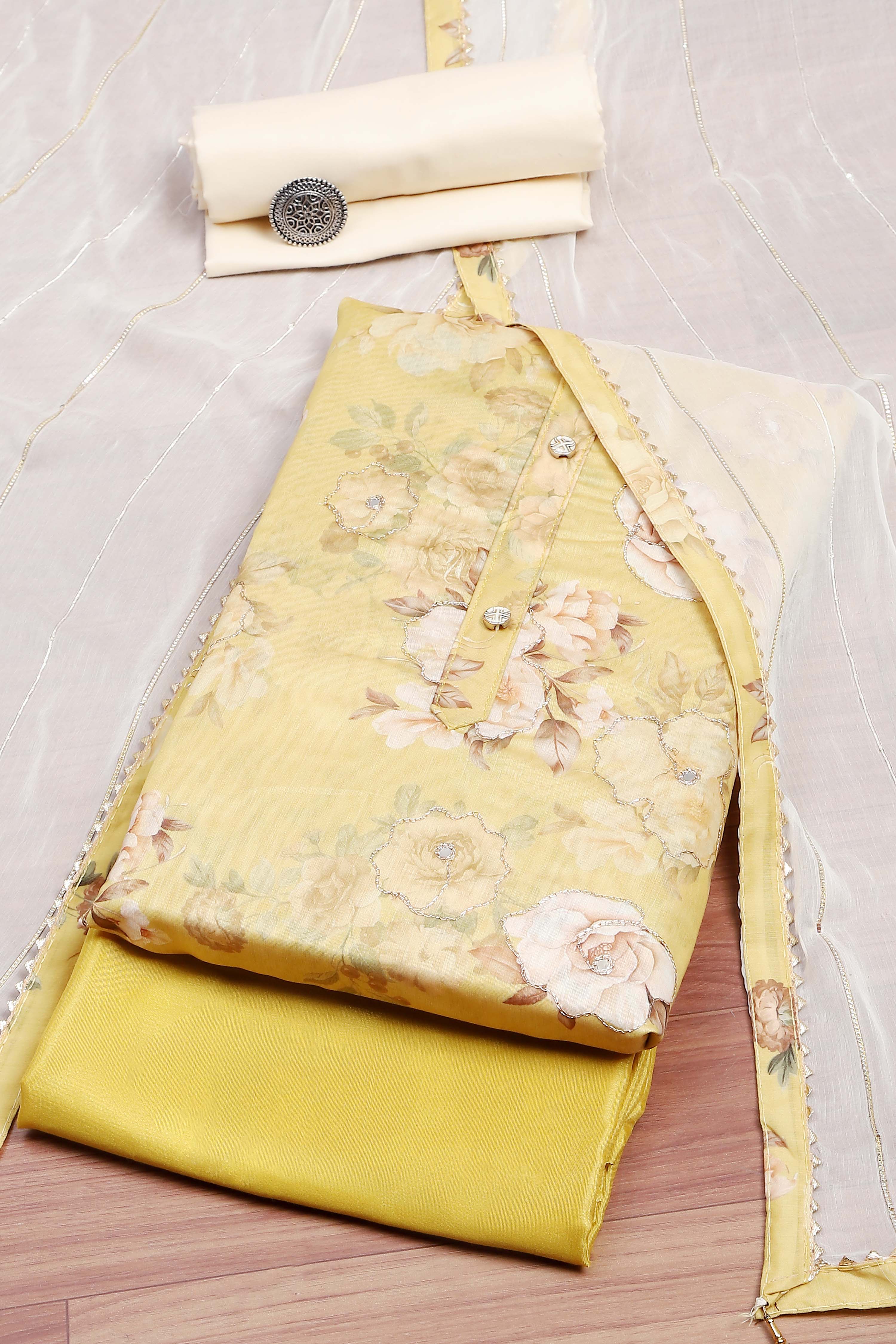 Mustard Chanderi  Printed Unstitched Suit Set image number 4
