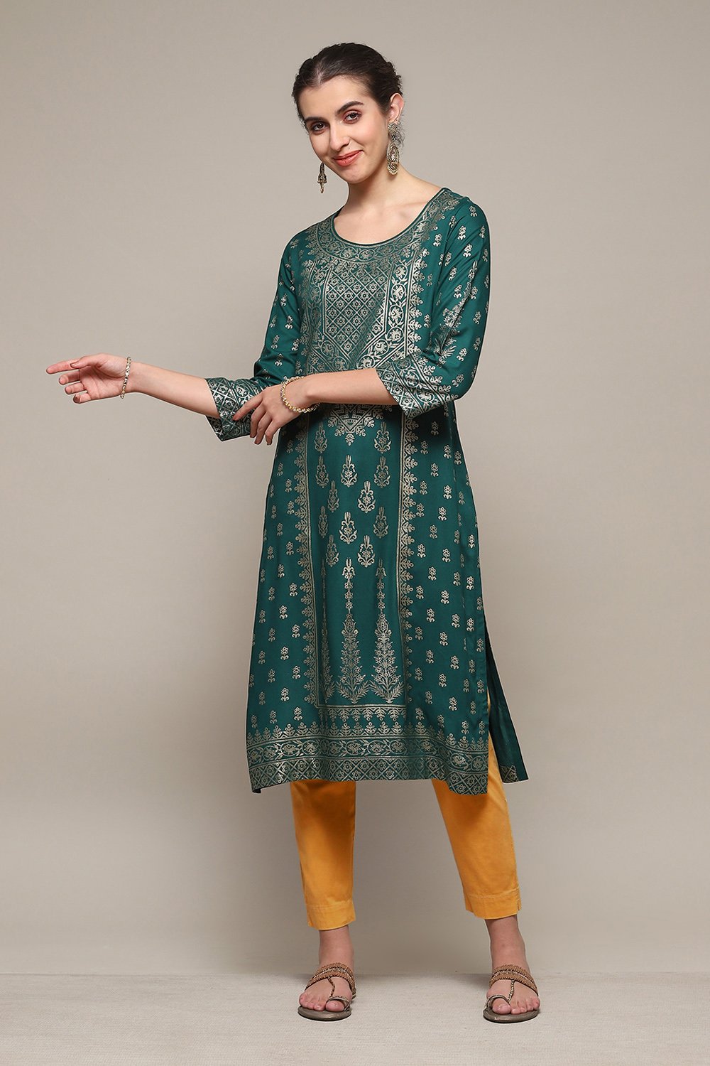 Bottle Green LIVA Straight Printed Kurta image number 0