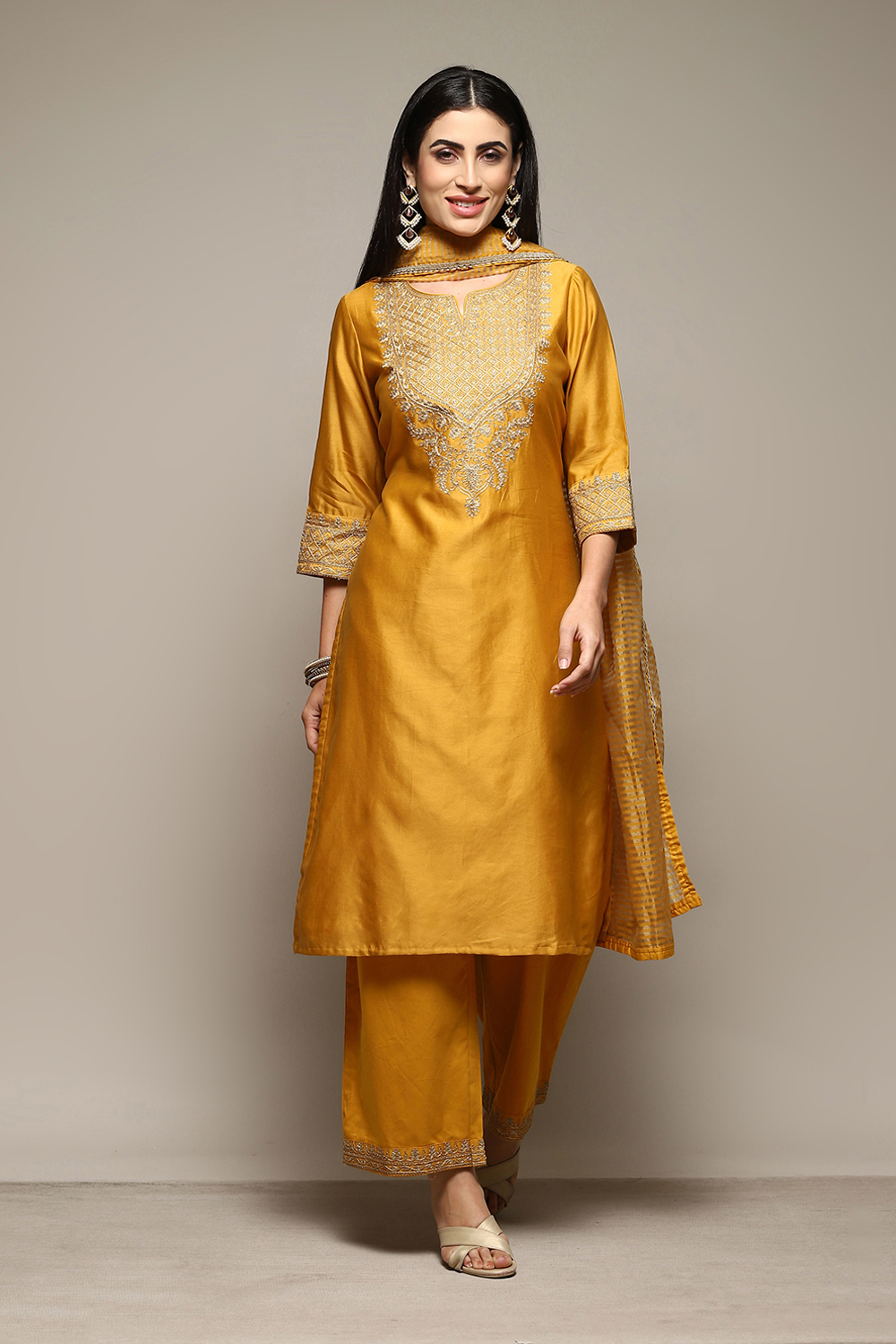 Mustard Poly Chanderi Straight Embroidery Kurta Palazzo Suit Set image number 6