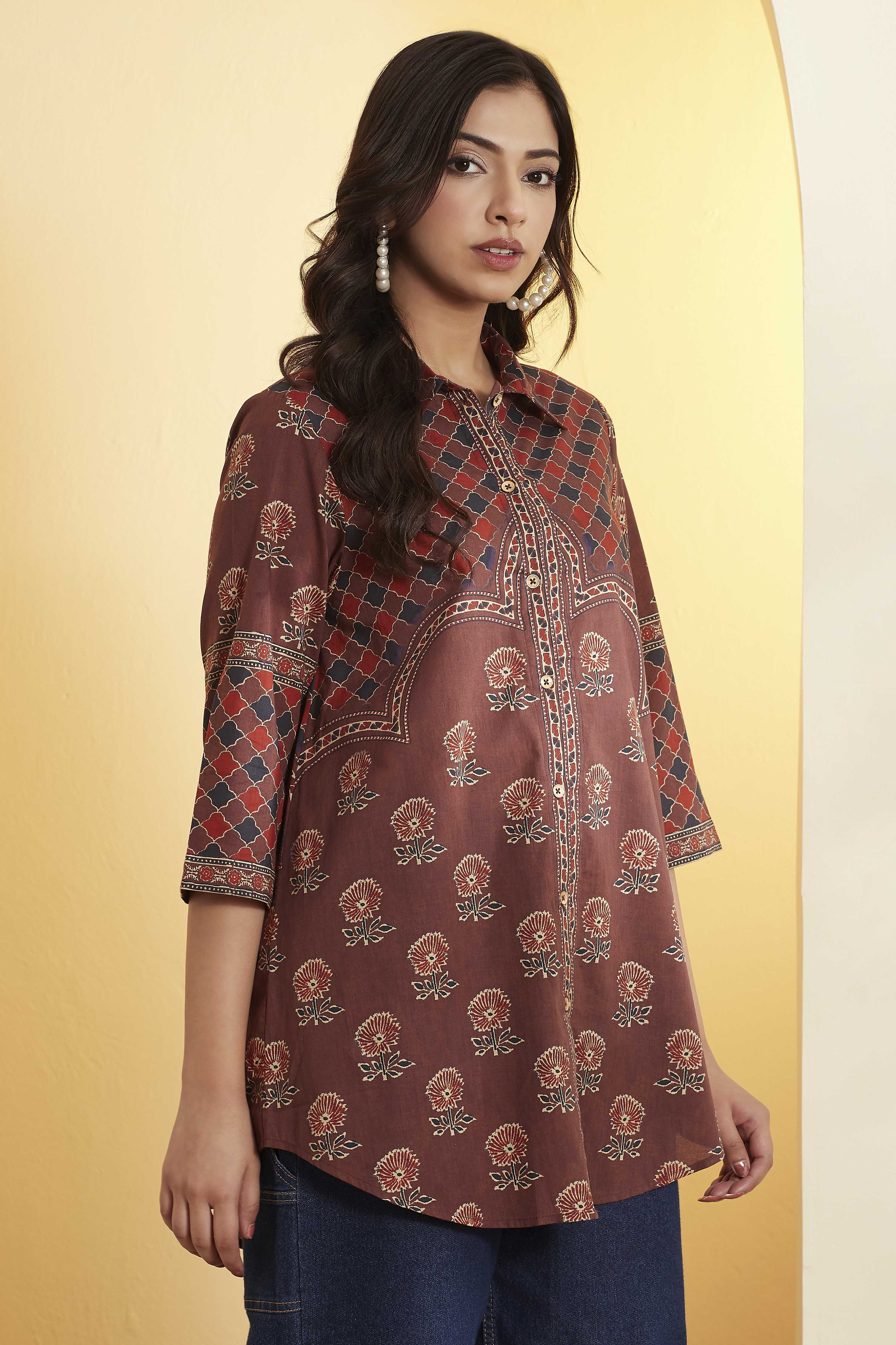 Brown Cotton Straight Kurta image number 3