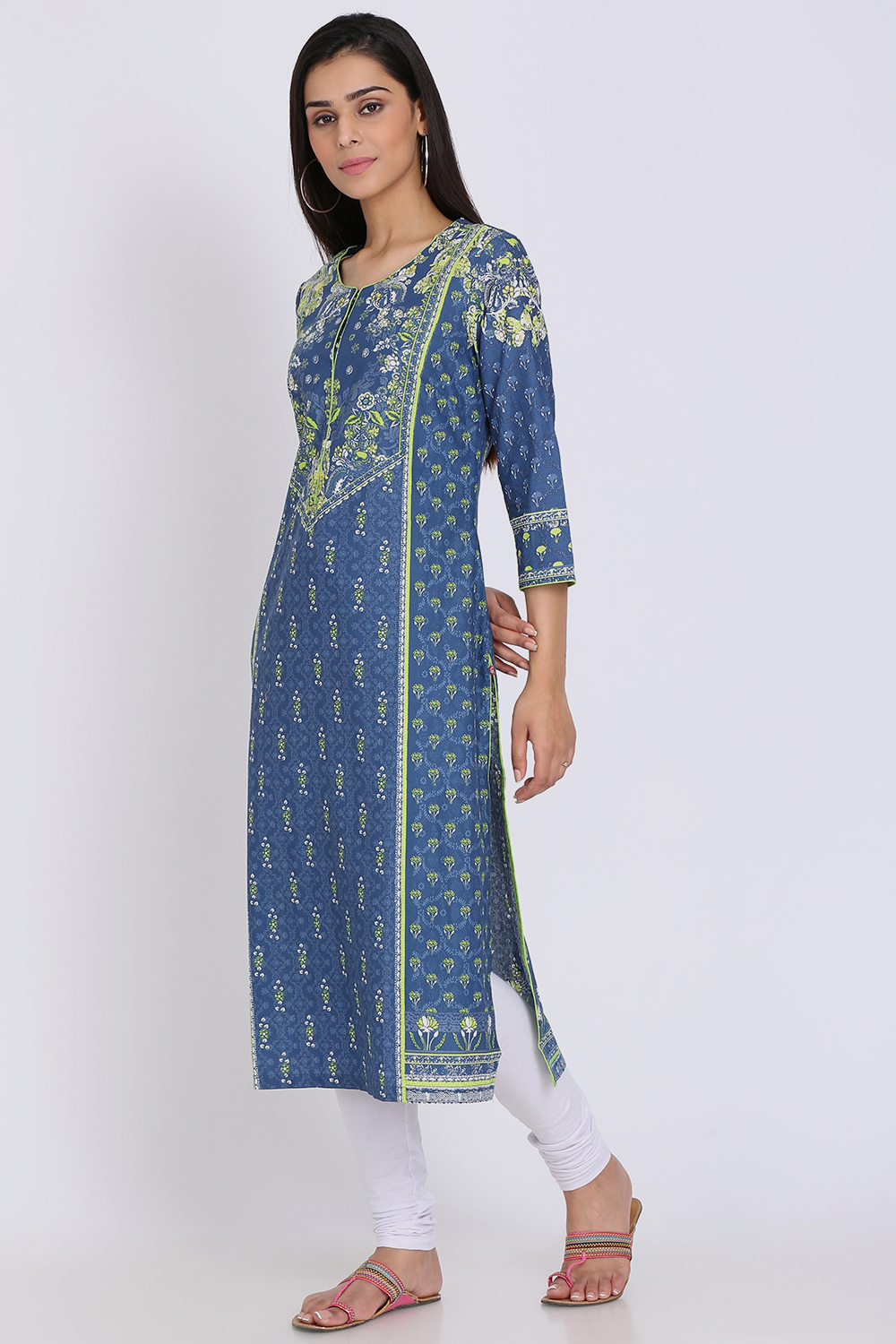 Indigo Cotton Straight Printed Kurta image number 2