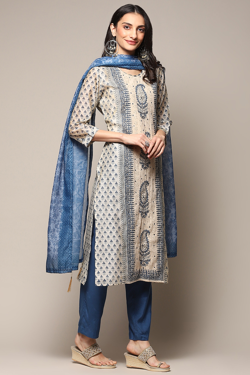 Beige Blue Chanderi Unstitched Suit set image number 7