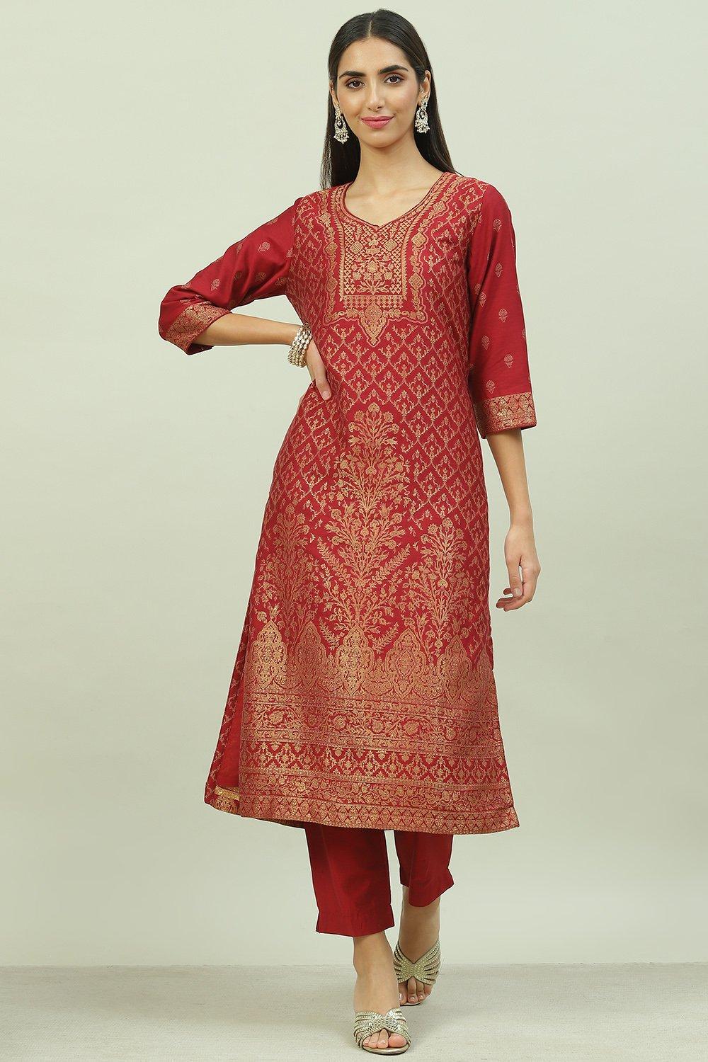 Maroon Art Silk Straight Kurta Slim Pants Suit Set image number 0