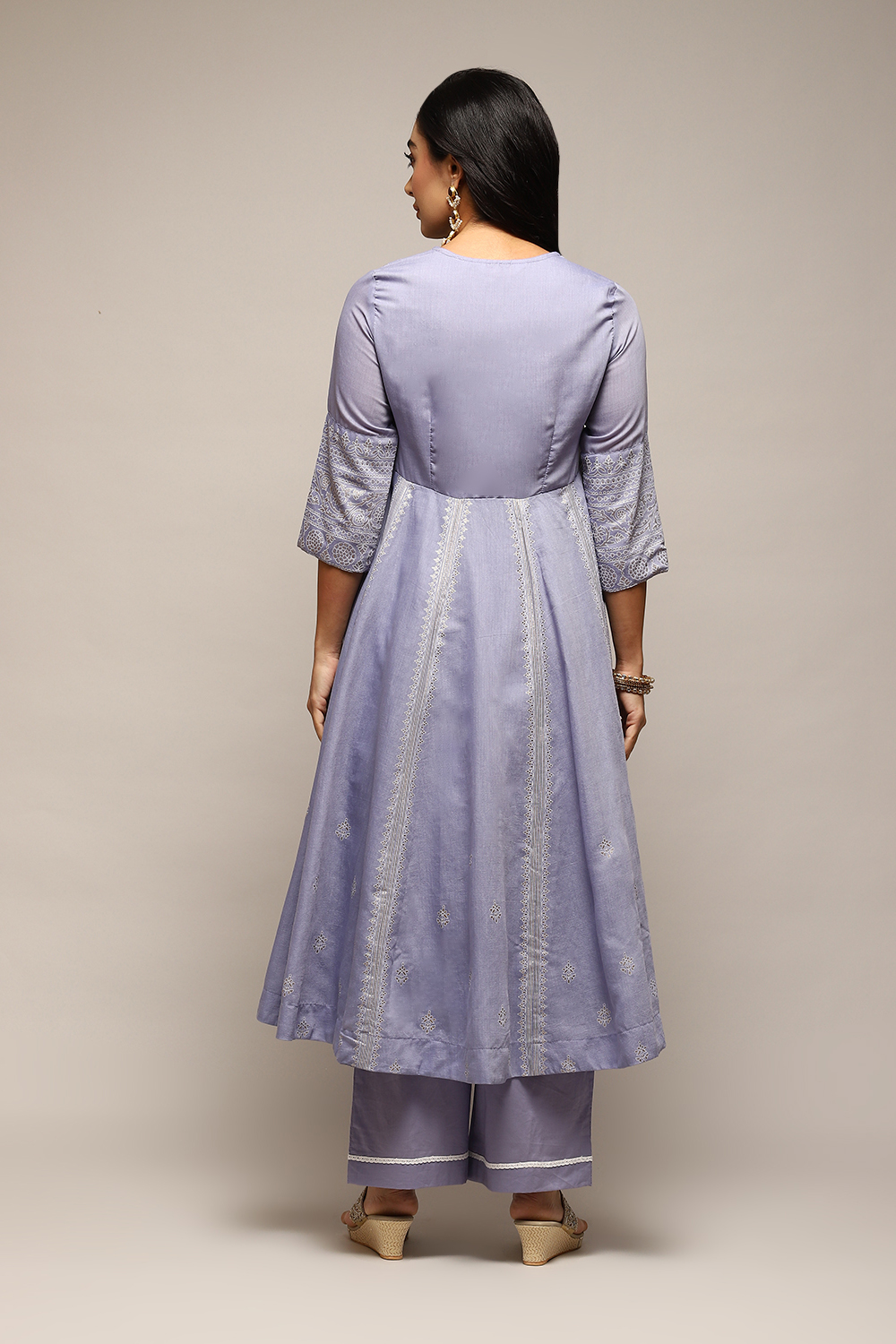 Blue Poly Cotton Anarkali Kurta Palazzo Suit Set image number 4