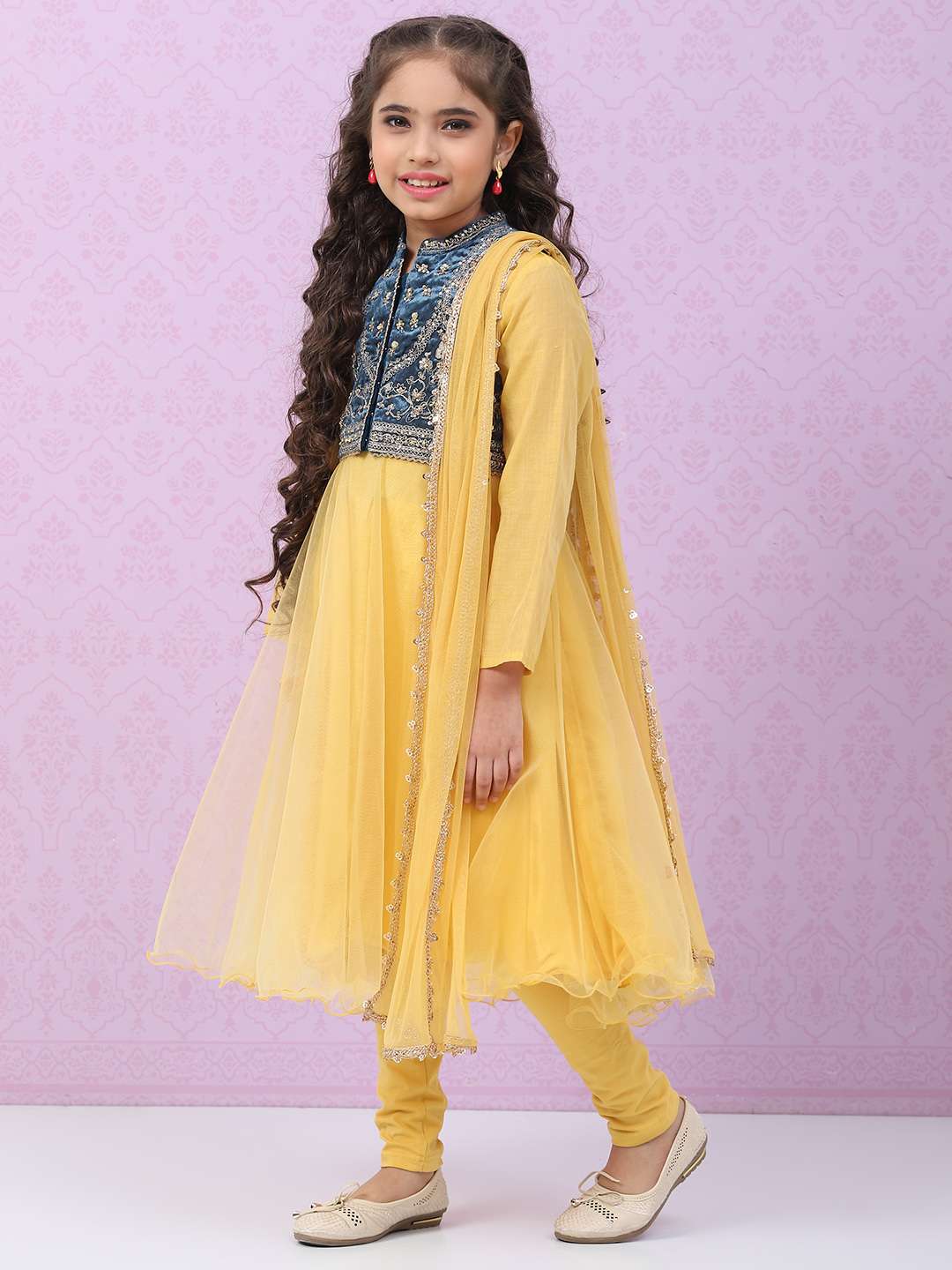 Mustard Yellow Art Silk Anarkali with Jacket Kurta Churidar Suit Set image number 7