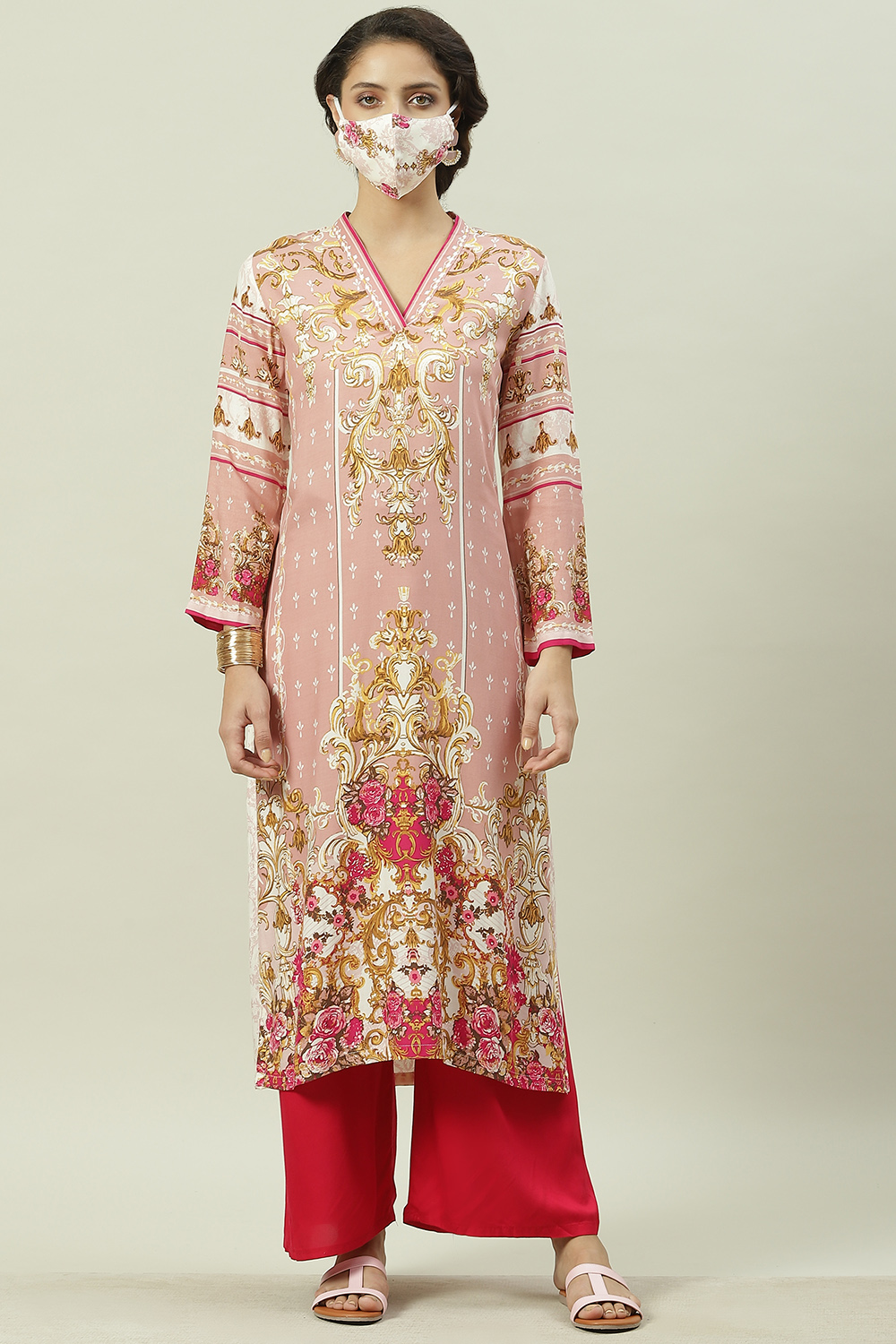 Peach Rayon Straight Printed Kurta image number 5