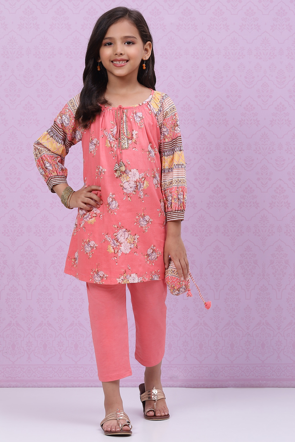 Peach Cotton Straight Printed Kurta Set image number 0