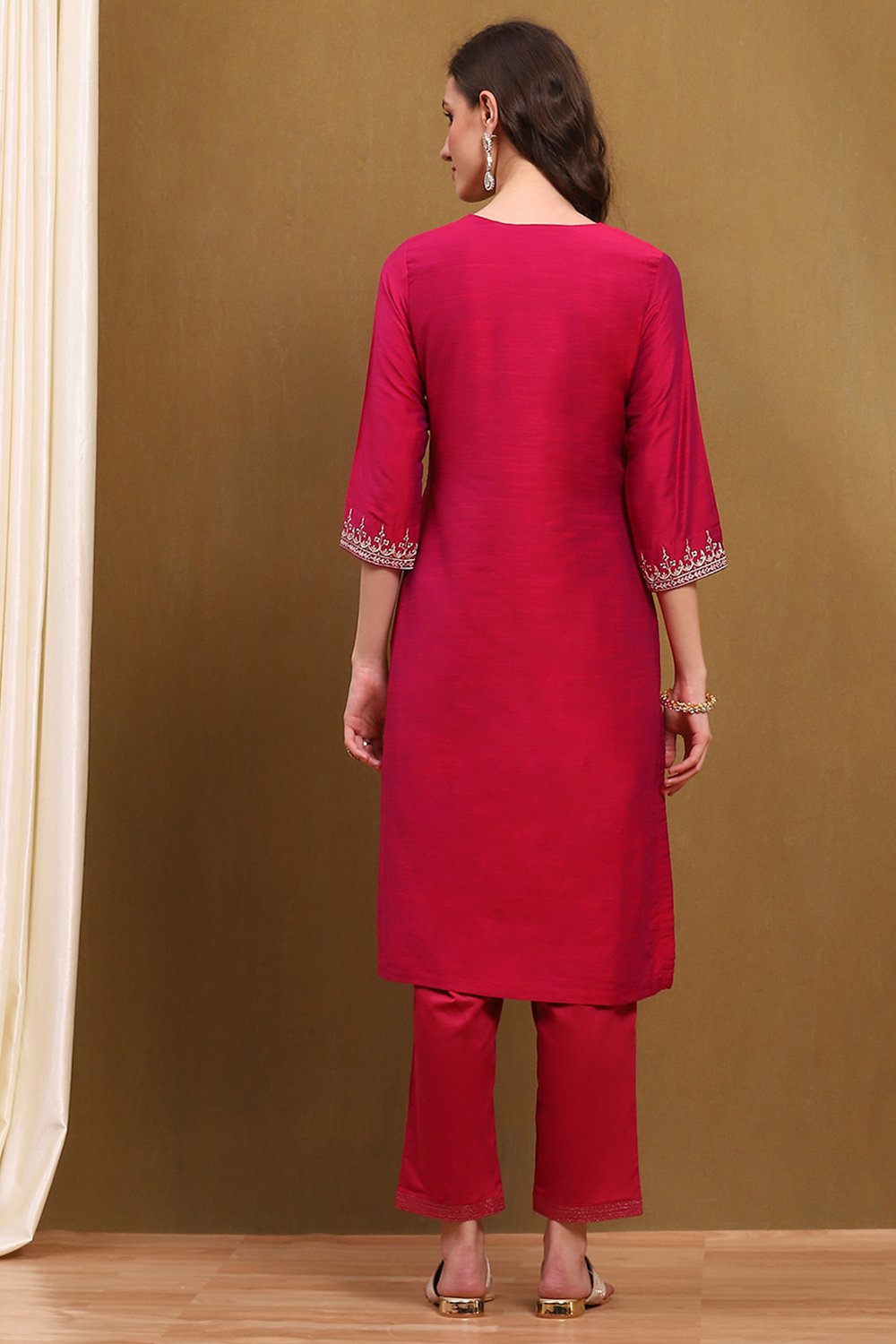 Magenta Floral Embroidered Festive Straight Suit Set image number 4