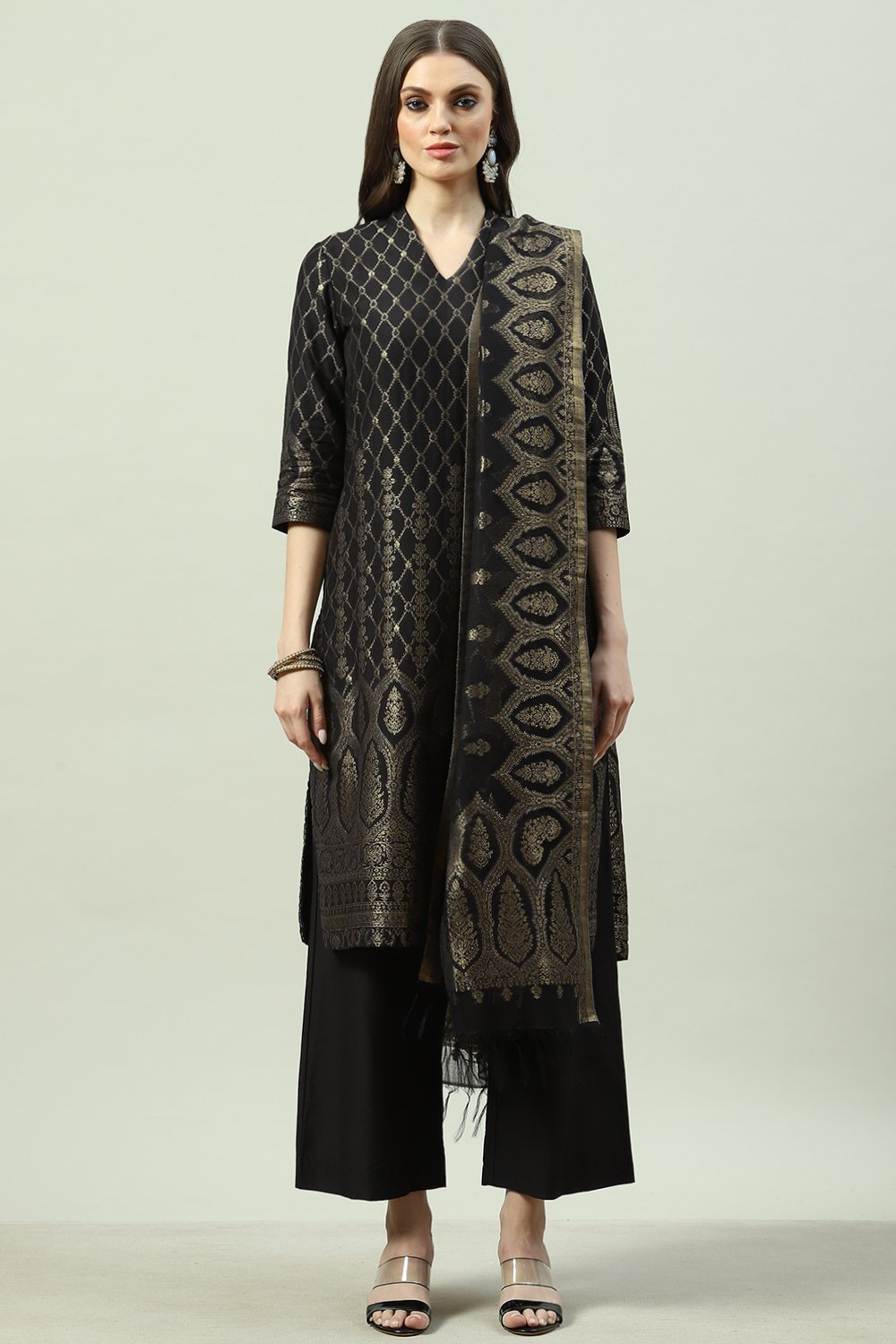 Black Art Silk Straight Kurta Palazzo Suit Set image number 8