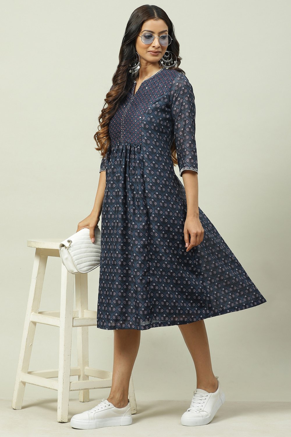 Indigo Art Silk A-Line Printed Kurta Dress image number 5