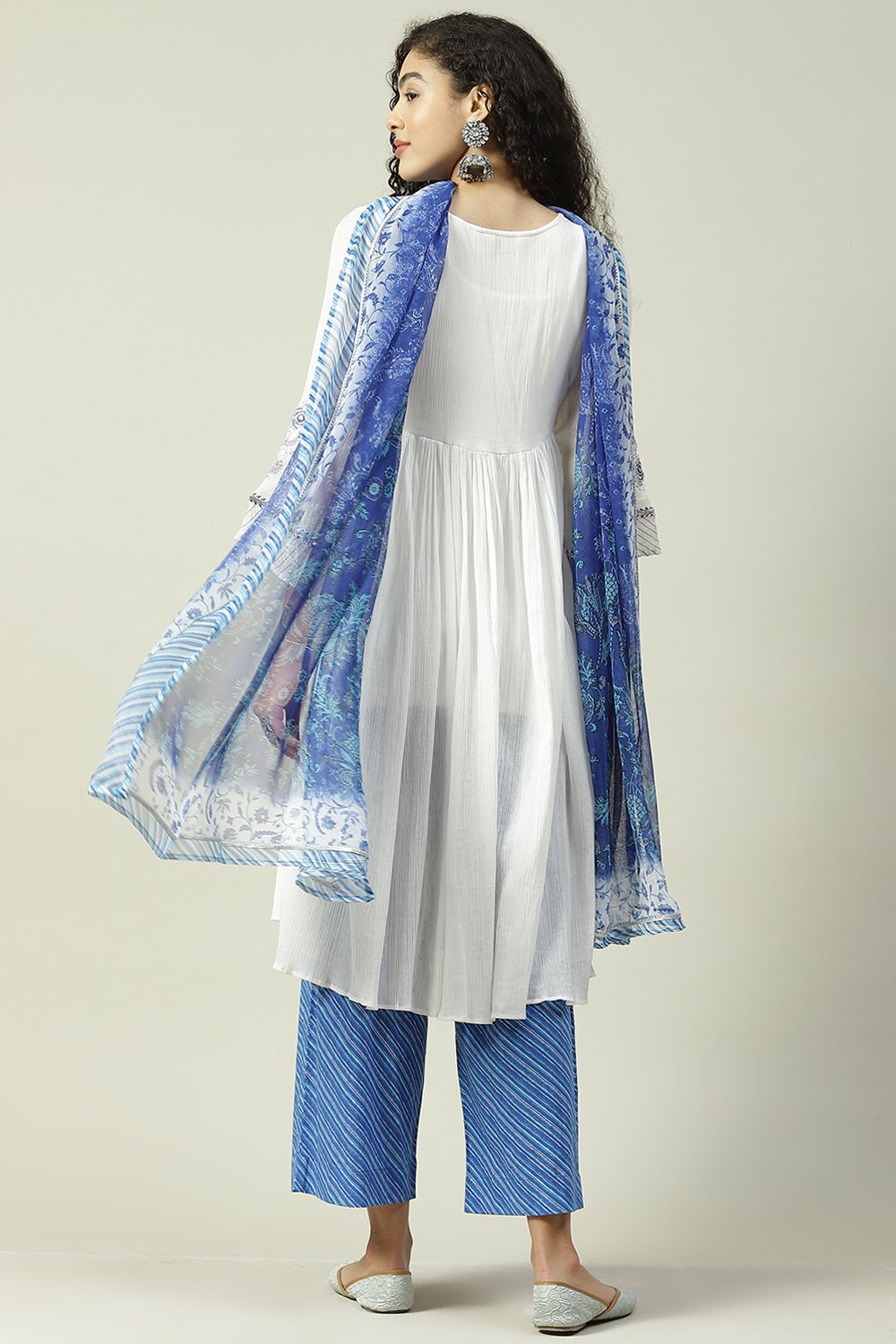 White Blue Cotton A-Line Kurta Palazzo Suit Set image number 4