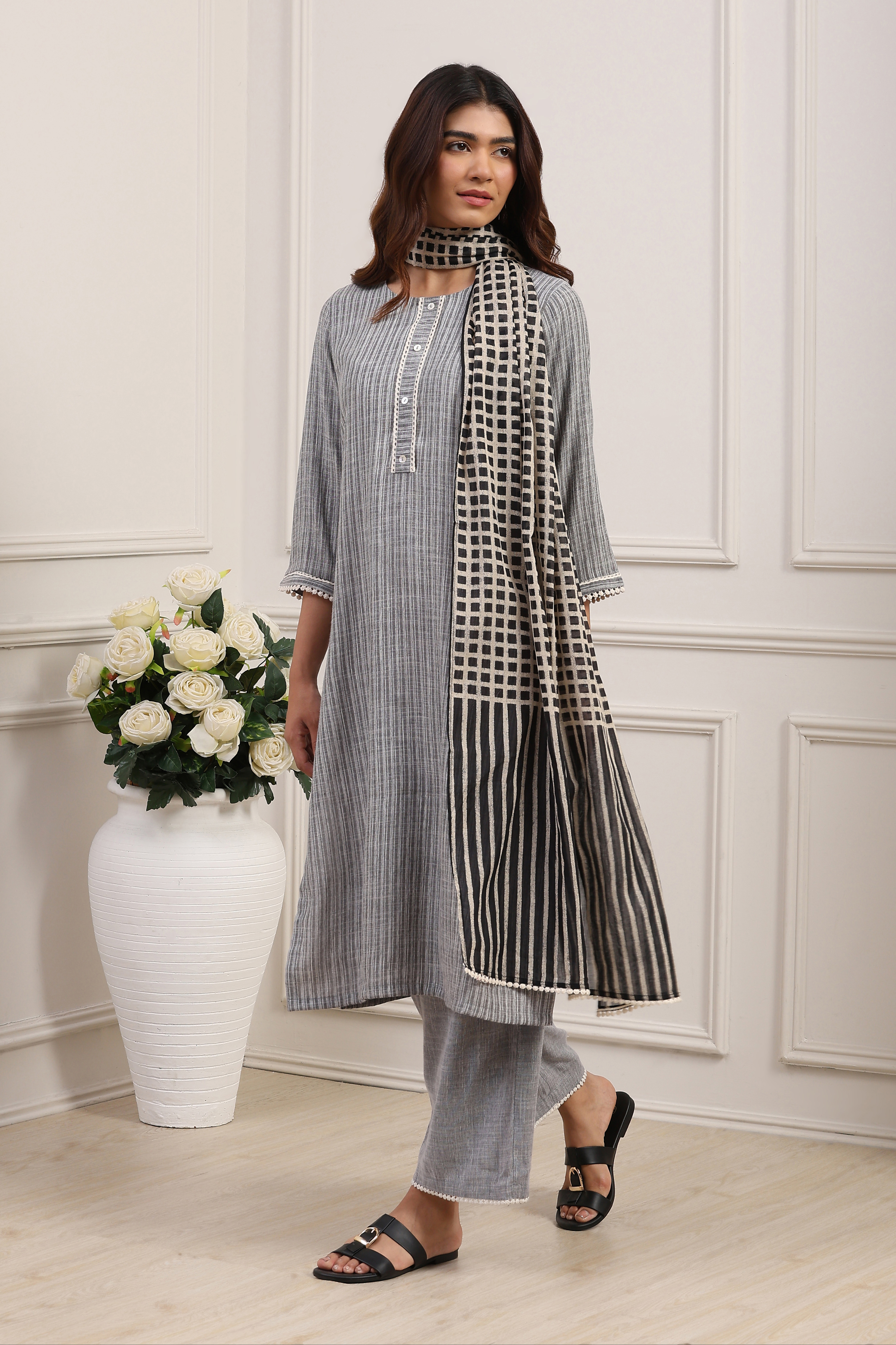 Grey Polyester Striped Straight Kurta Set image number 0