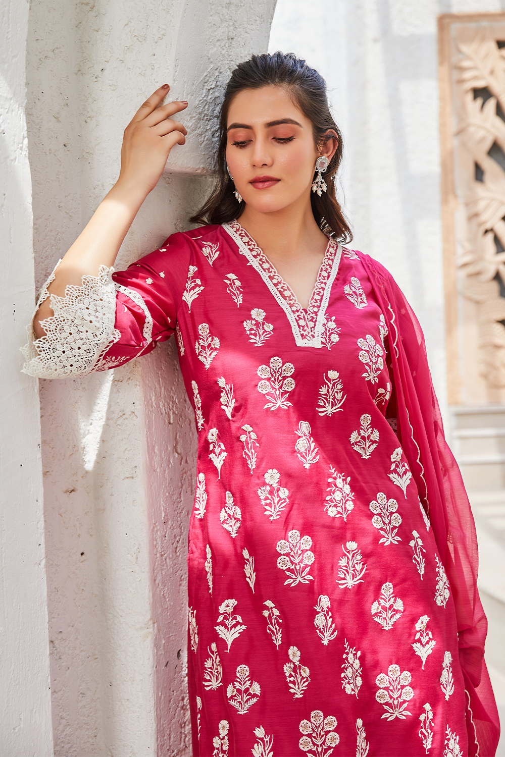 Fuchsia Embroidered Kurta & Palazzo Suit Set image number 1