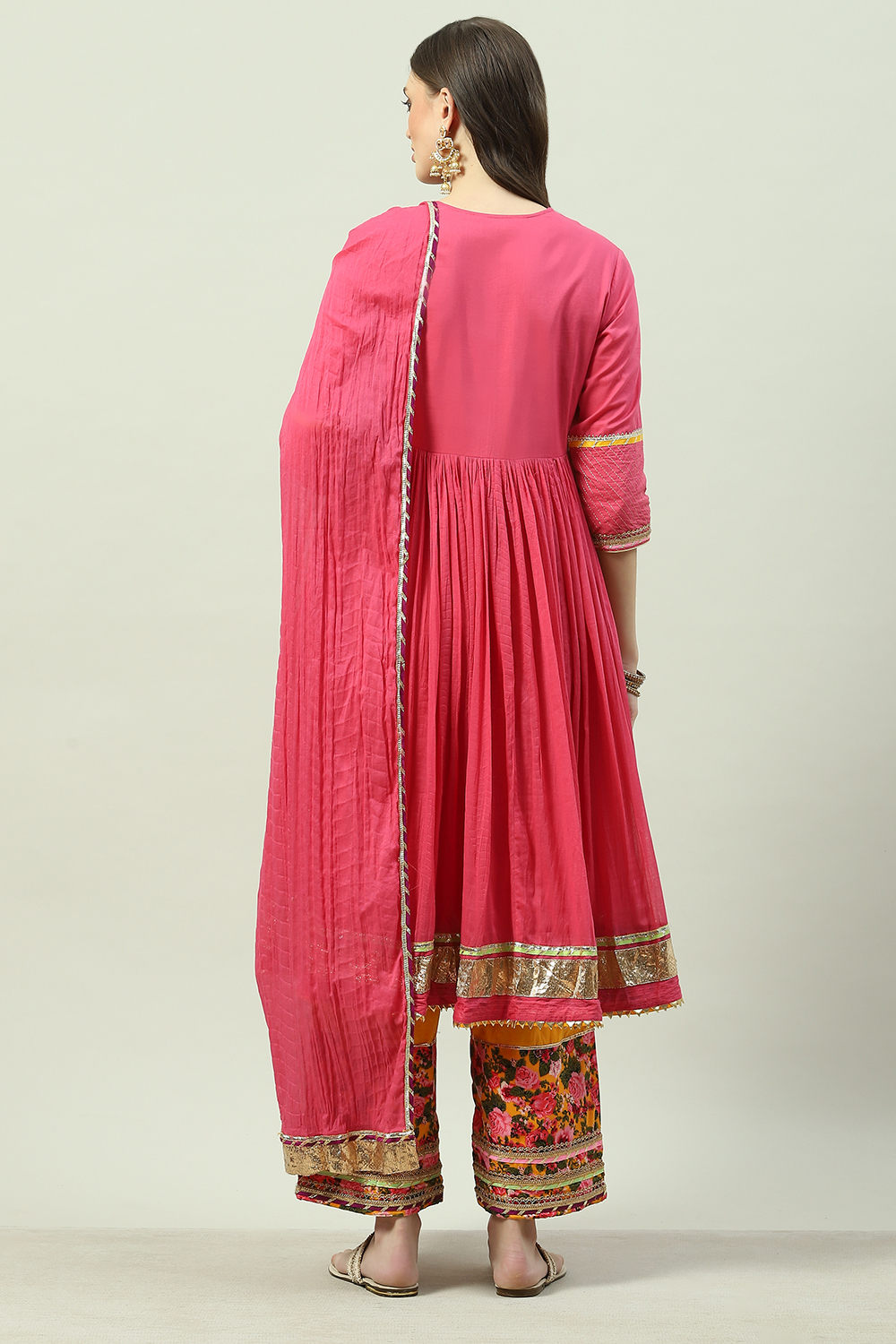 Pink Cotton Anarkali Kurta Palazzo Suit Set image number 5
