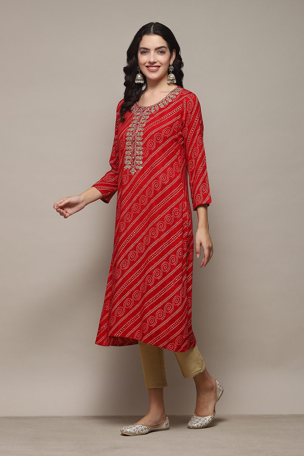 Red Rayon Straight Printed Kurta image number 2