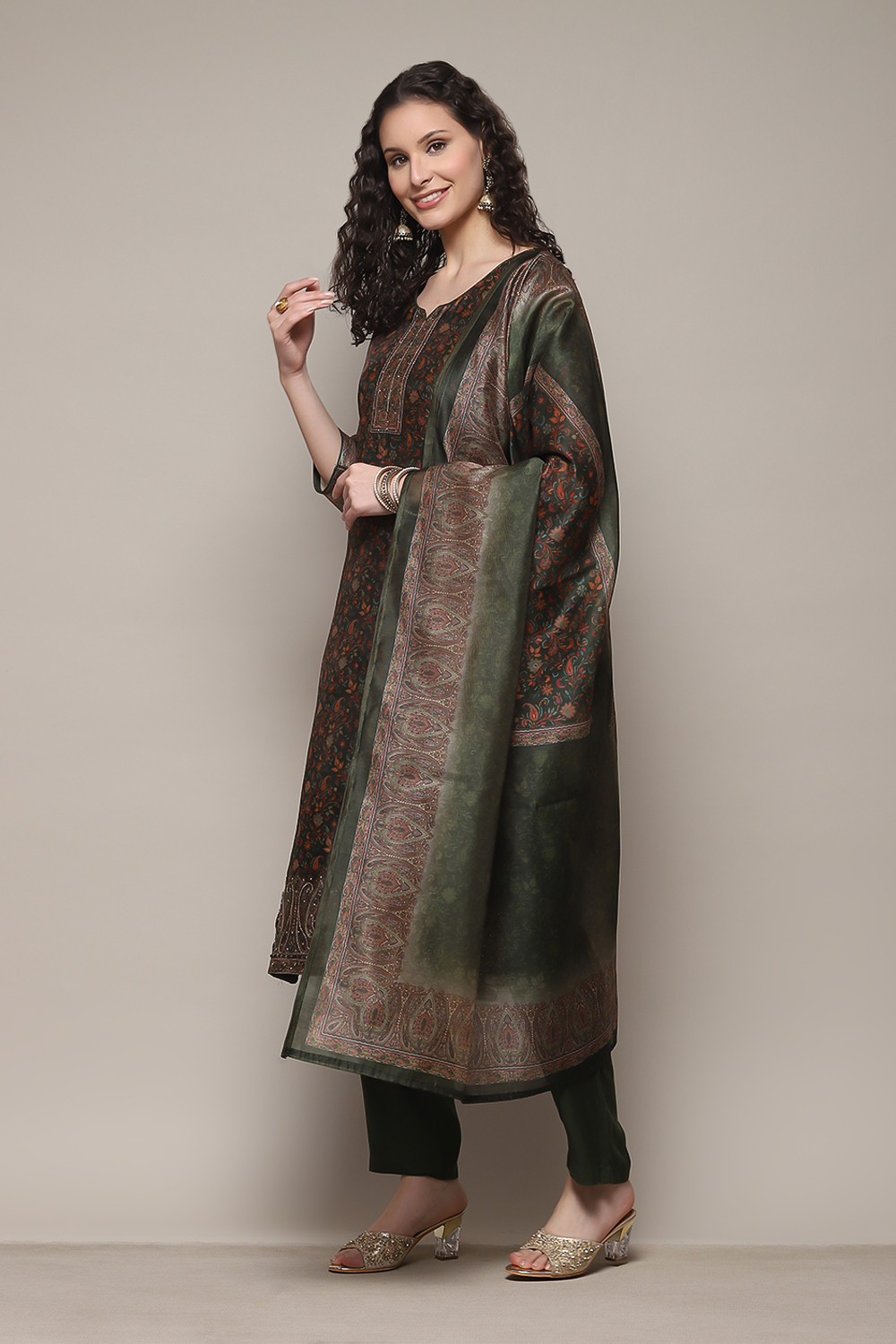 Green Chanderi Unstitched Suit Set image number 4