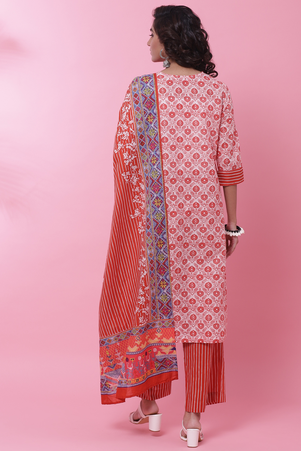 Red Cotton Straight Kurta Palazzo Suit Set image number 4