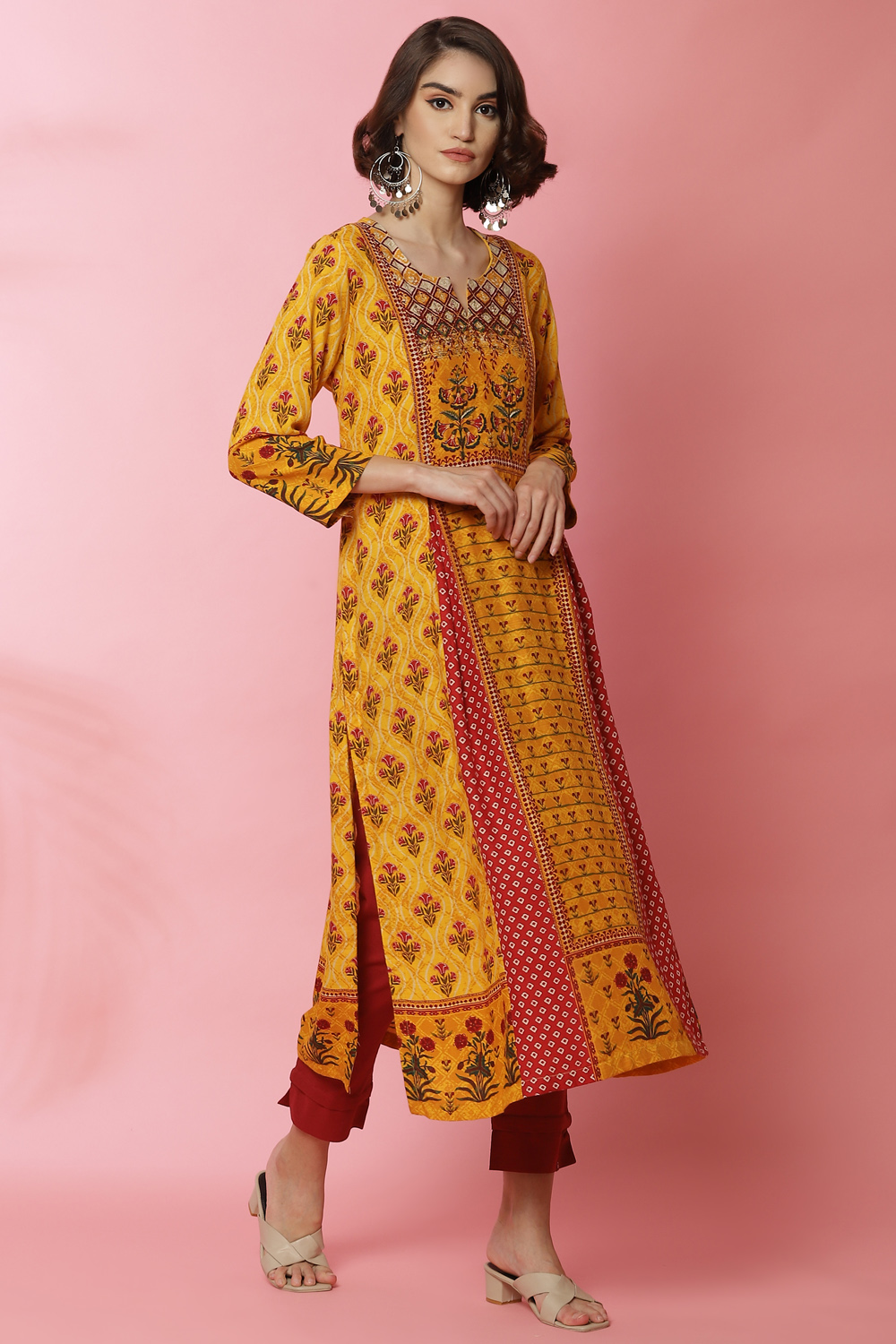 Mustard LIVA Straight Printed Kurta image number 2