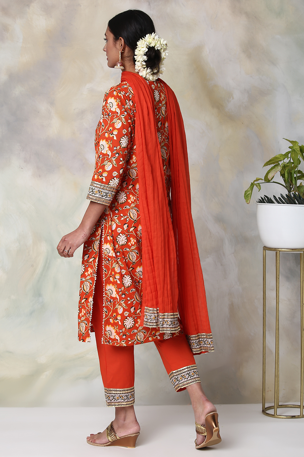 Saffron Cotton Straight Kurta Palazzo Suit Set image number 8