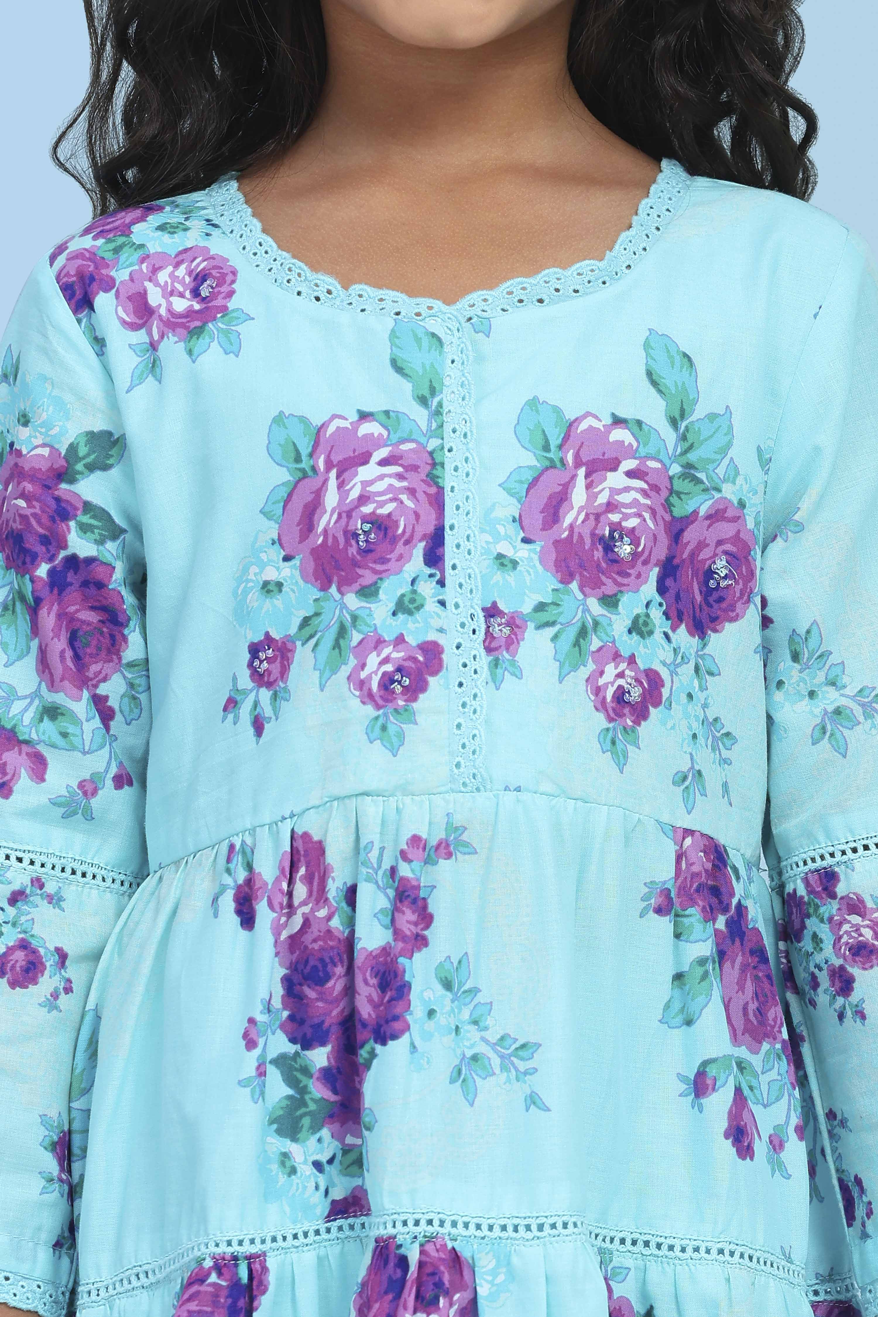 Blue Cotton Printed Tiered Suit Set image number 1