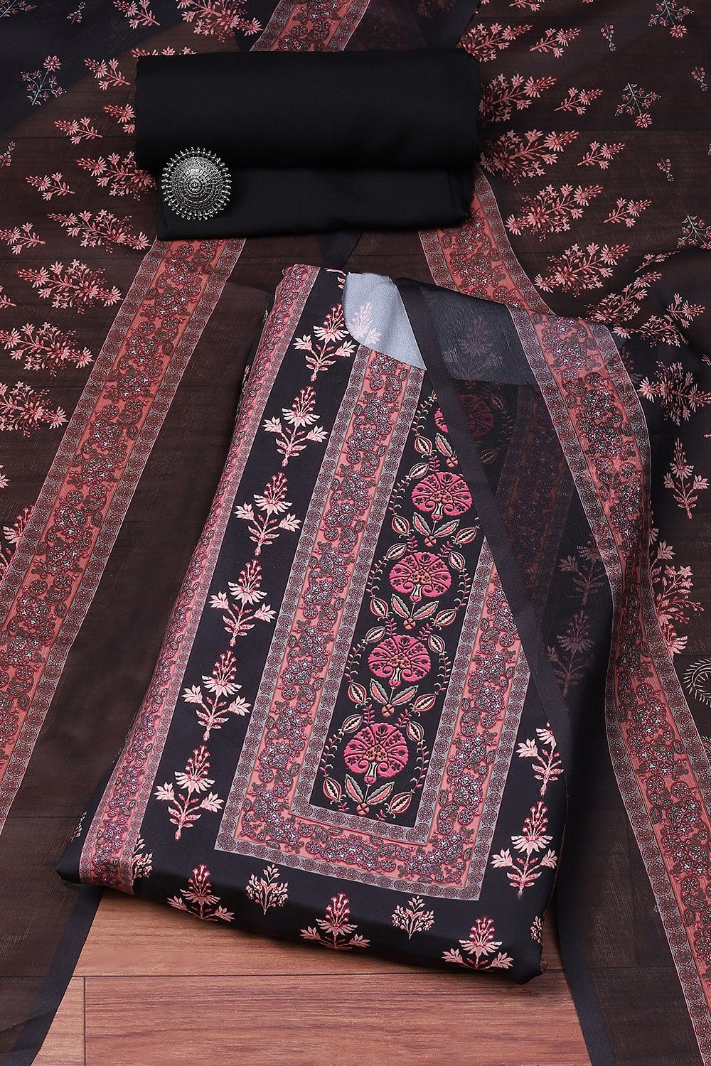 Black Cotton Blend Digital Print Unstitched Suit Set image number 0