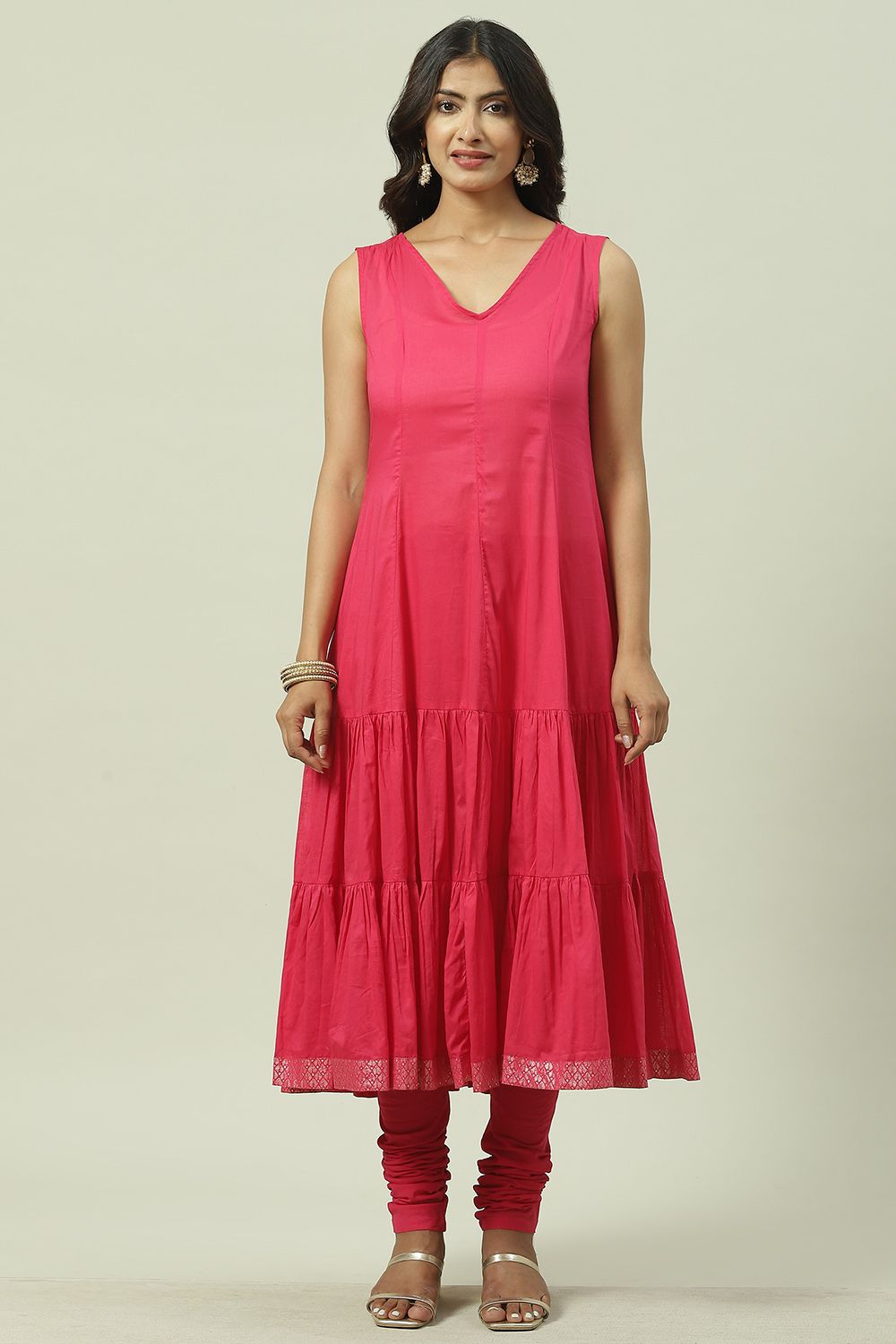 Fuschia Cotton Layered Kurta Churidar Suit Set image number 2