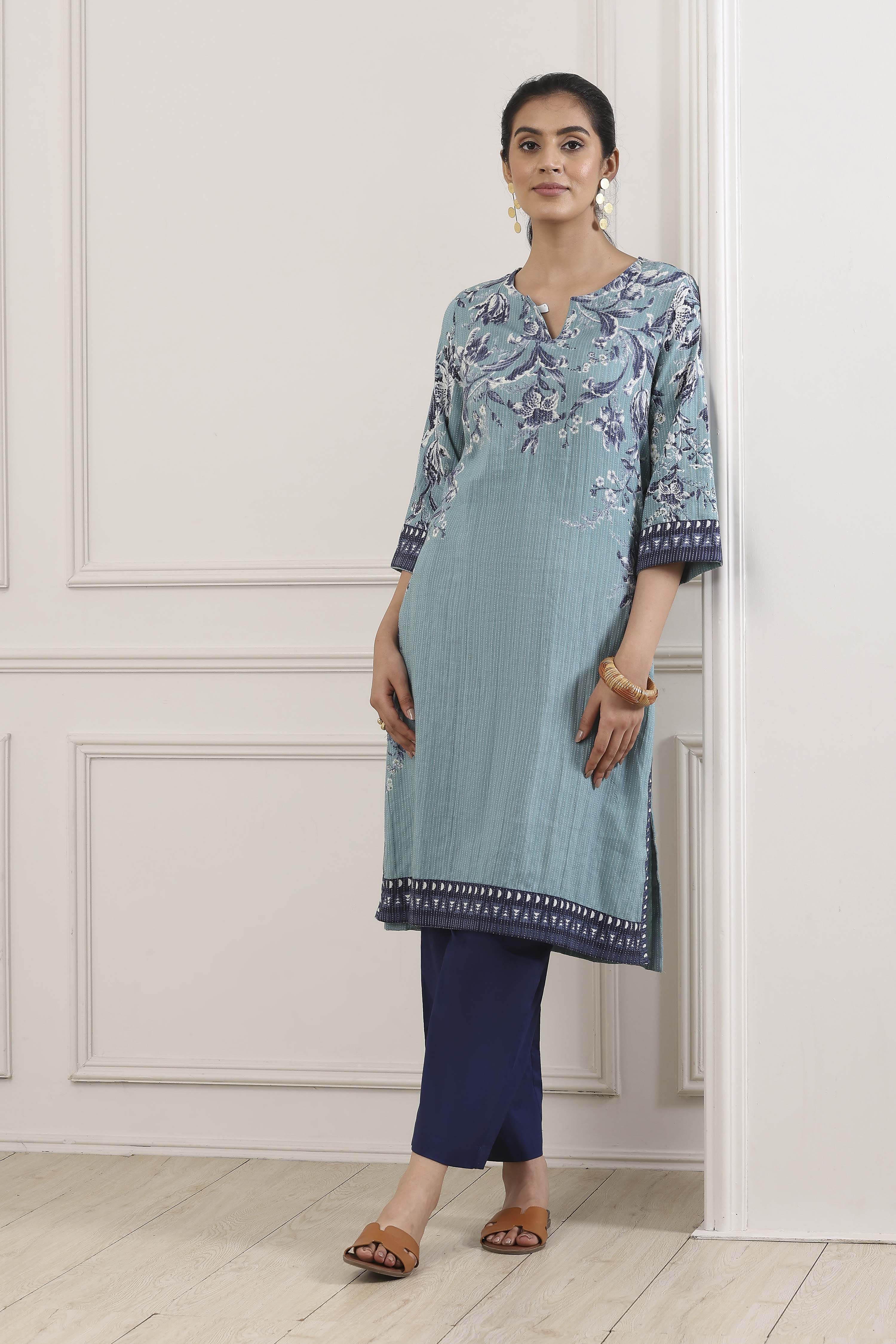 Blue Cotton Floral Printed Straight Kurta image number 0