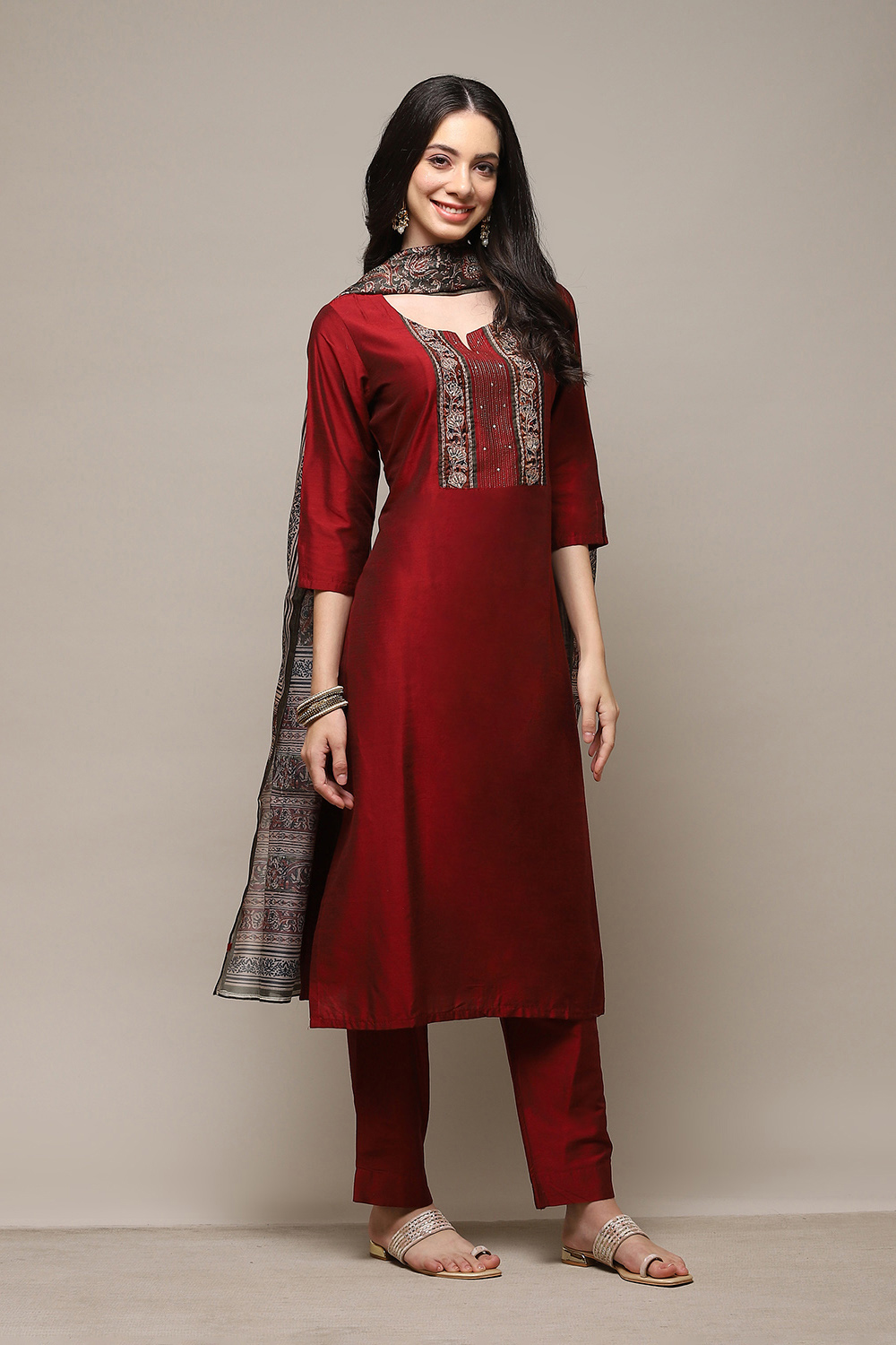 Buy Maroon Silk Blend Hand Block Print Unstitched Suit Set Kurta