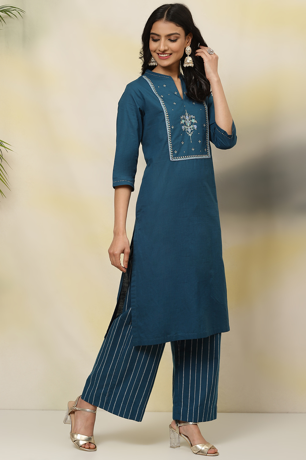 Teal Cotton A-Line Fusion Solid Kurta Set image number 5