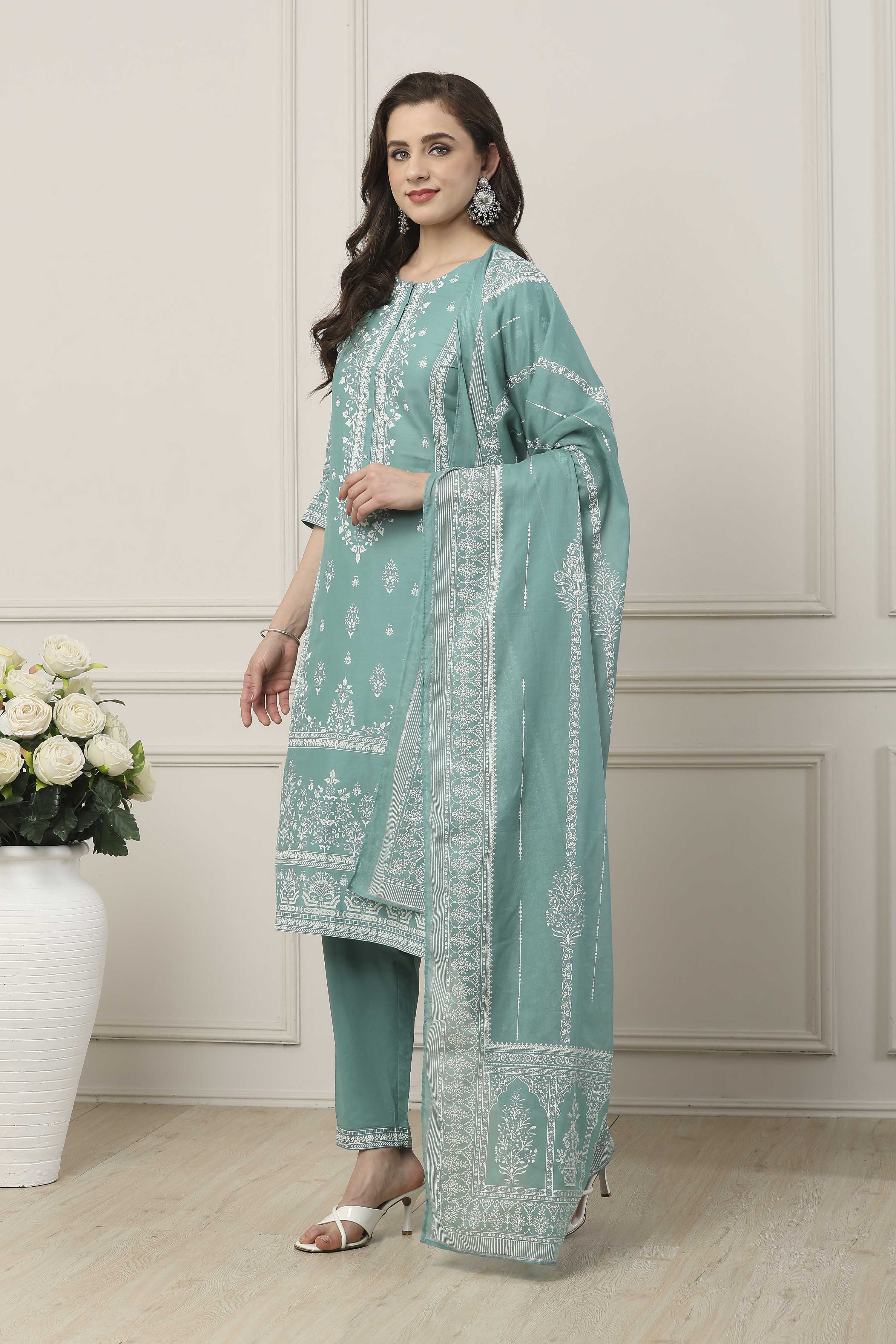 Pink Cotton Floral Printed Straight Suit Set image number 3