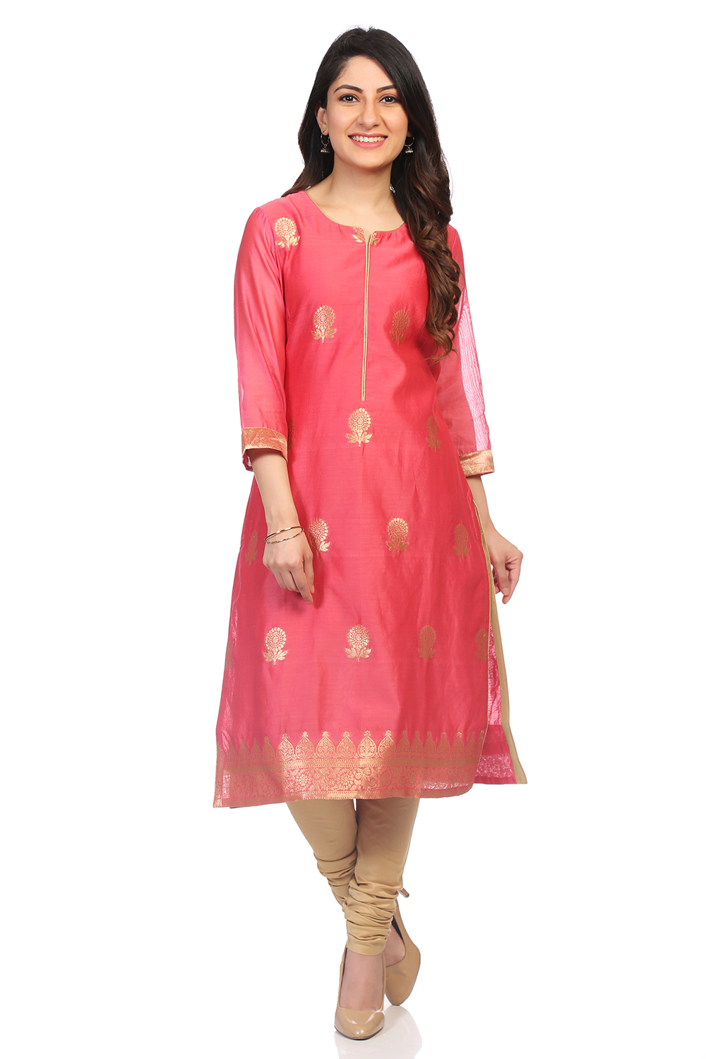 Coral Poly Metallic Cotton Straight Printed Kurta image number 0