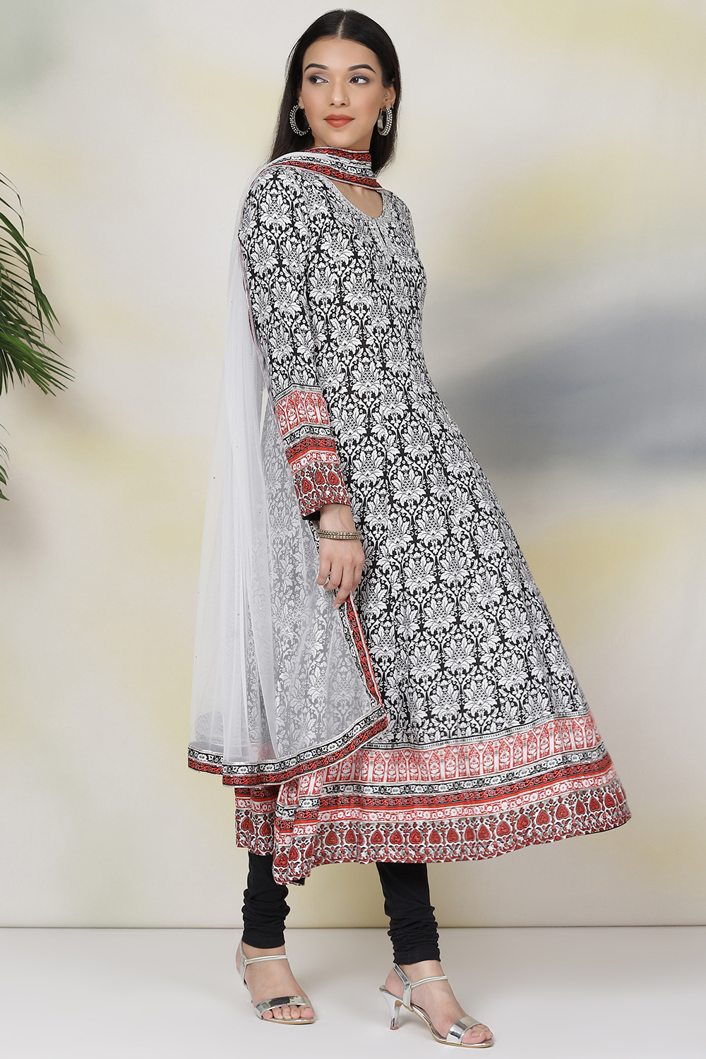 Black And White Rayon Kalidar Kurta Churidar Suit Set image number 4