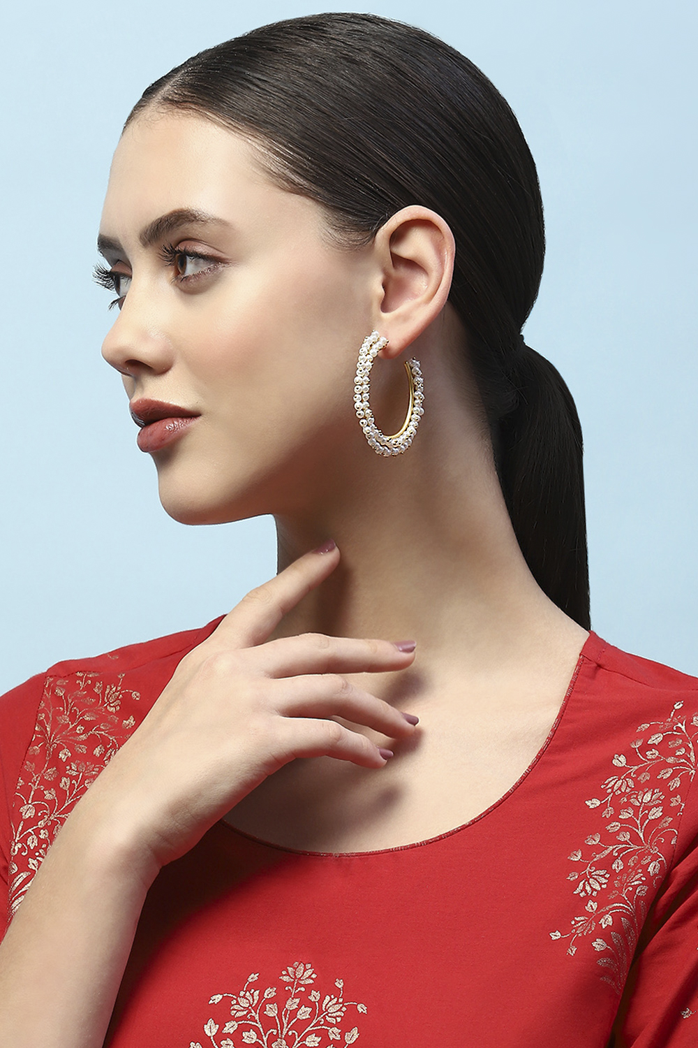 White Gold-Plated Pearl Contemporary Hoops image number 1