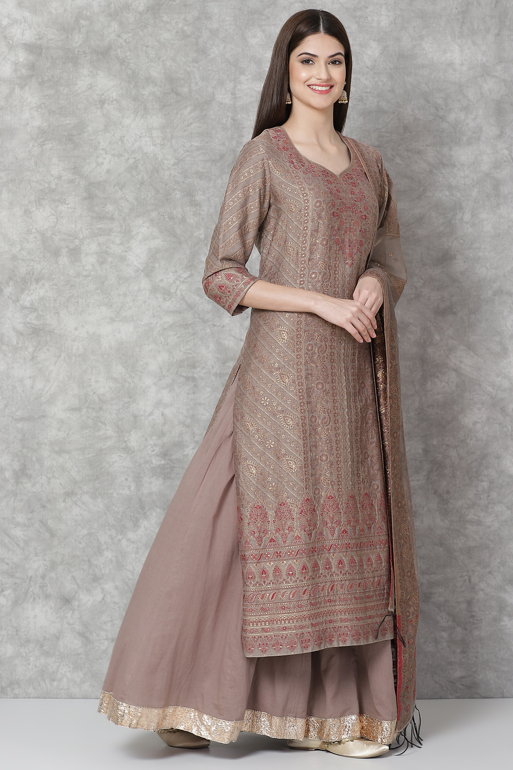 Grey Metallic Cotton Straight Kurta Sharara Suit Set image number 6