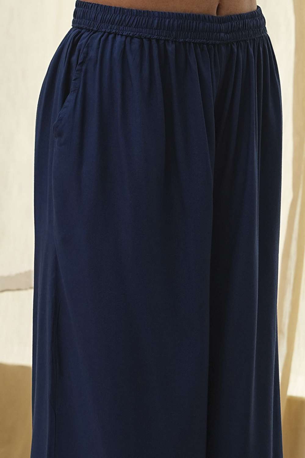 Navy Blue Viscose Solid Straight Palazzos image number 1