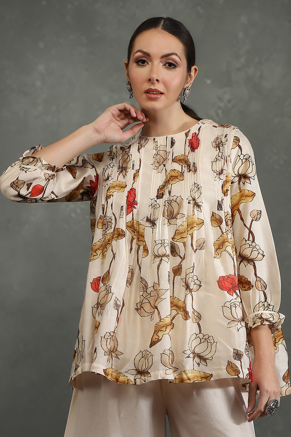 Cream-Colored Silk Chanderi Floral Printed Gathered Co-ord Set image number 1