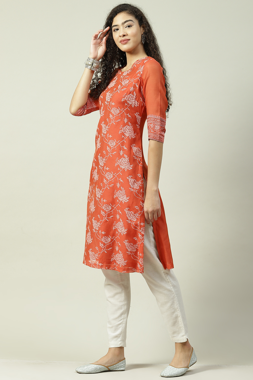 Burnt Orange Art Silk Straight Printed Kurta image number 2