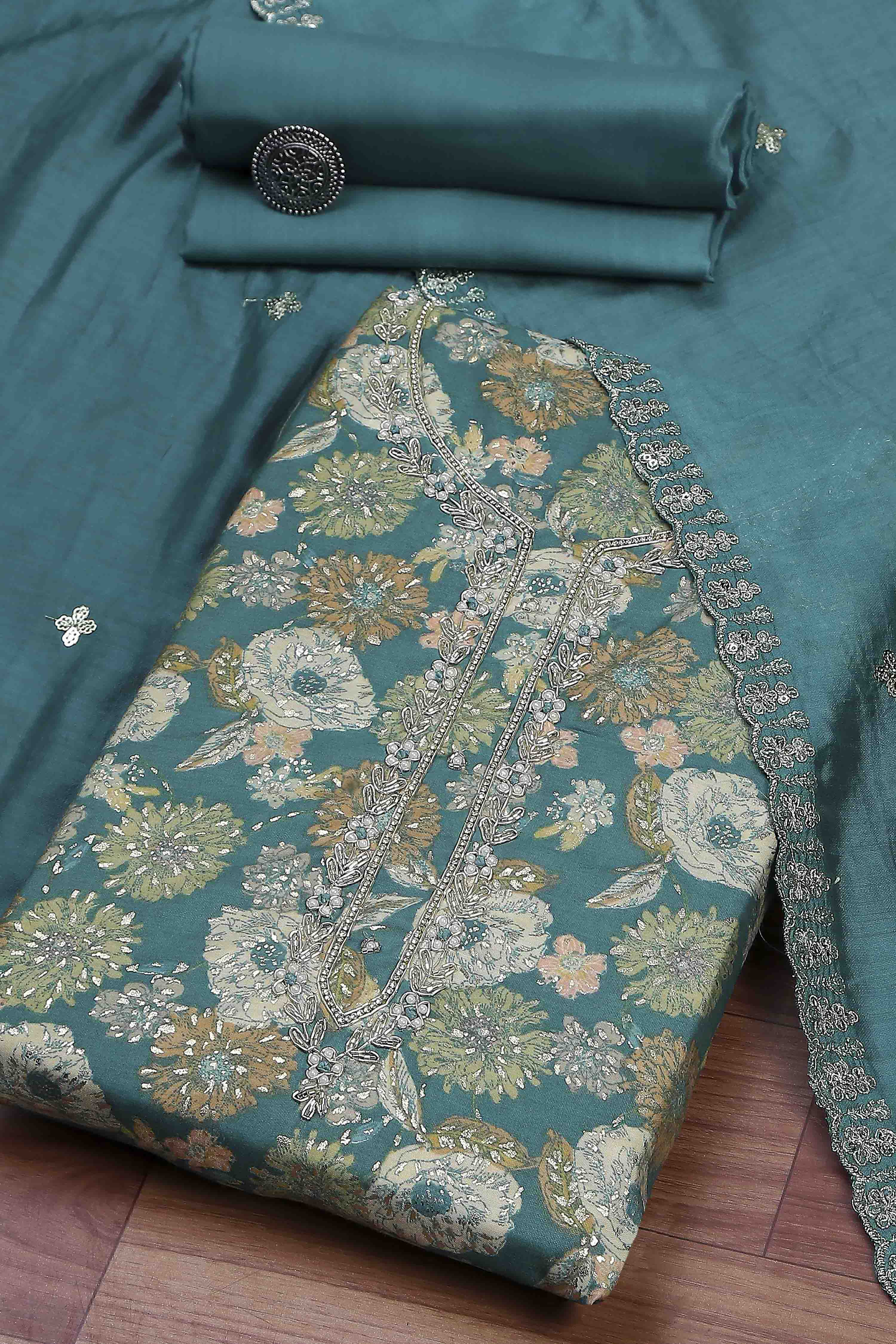 Green Modal Rajasthani Print Unstitched Suit Set image number 0